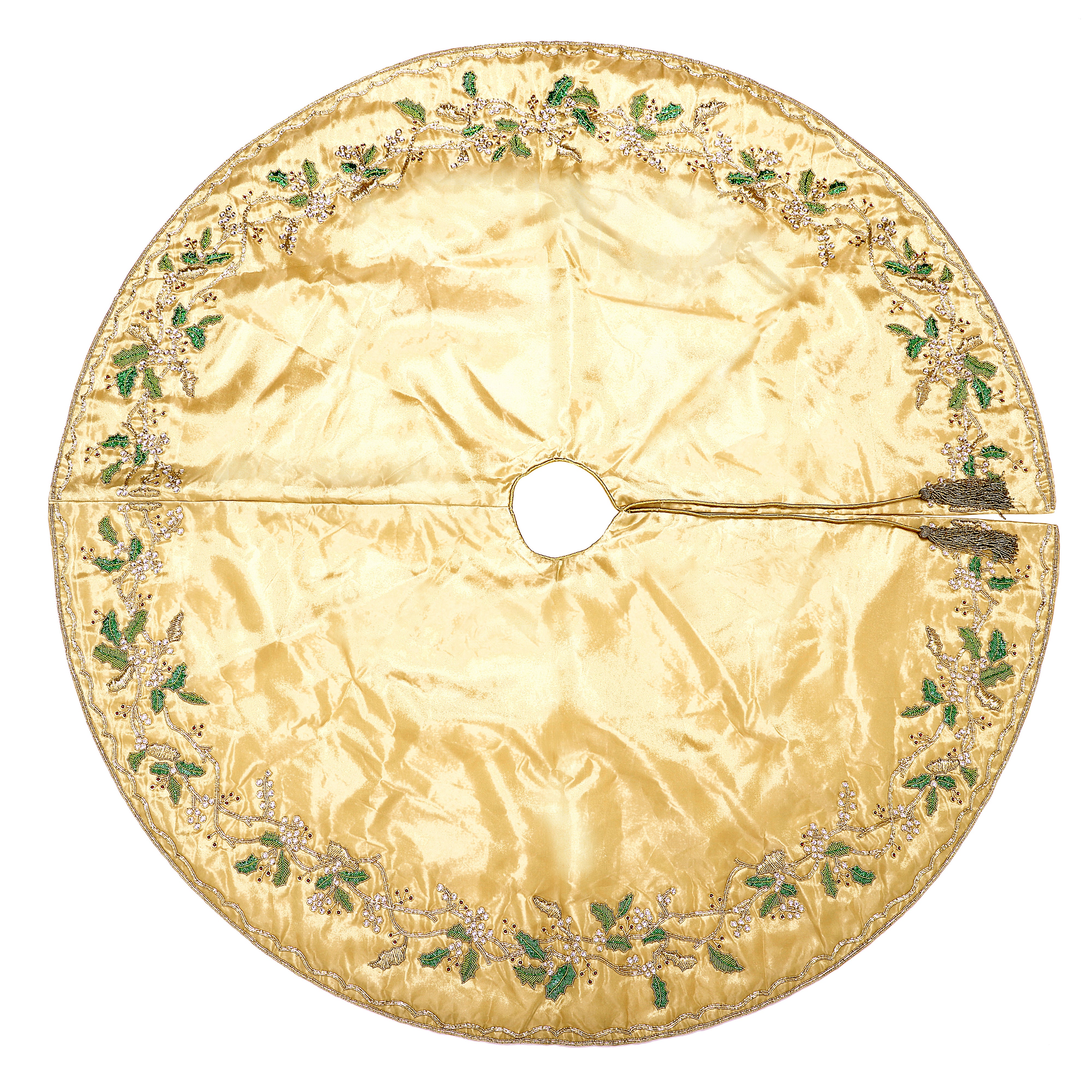 FLORAL WREATH GOLD CHRISTMAS WREATH TREE SKIRT & MATCHING CHRISTMAS STOCKING SET