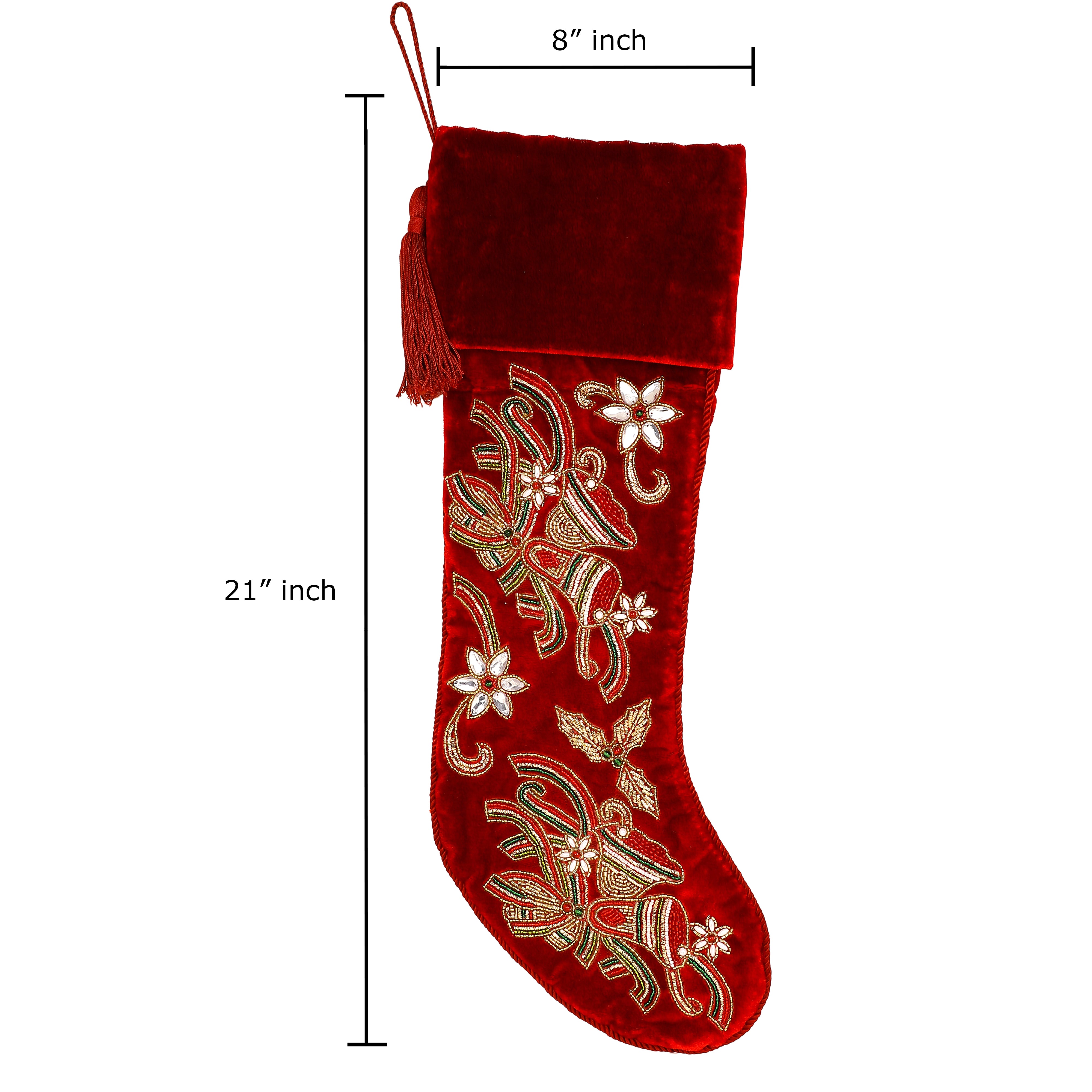 PERSONALISED CHRISTMAS BELLS EMBROIDED RED VELVET CHRISTMAS STOCKING