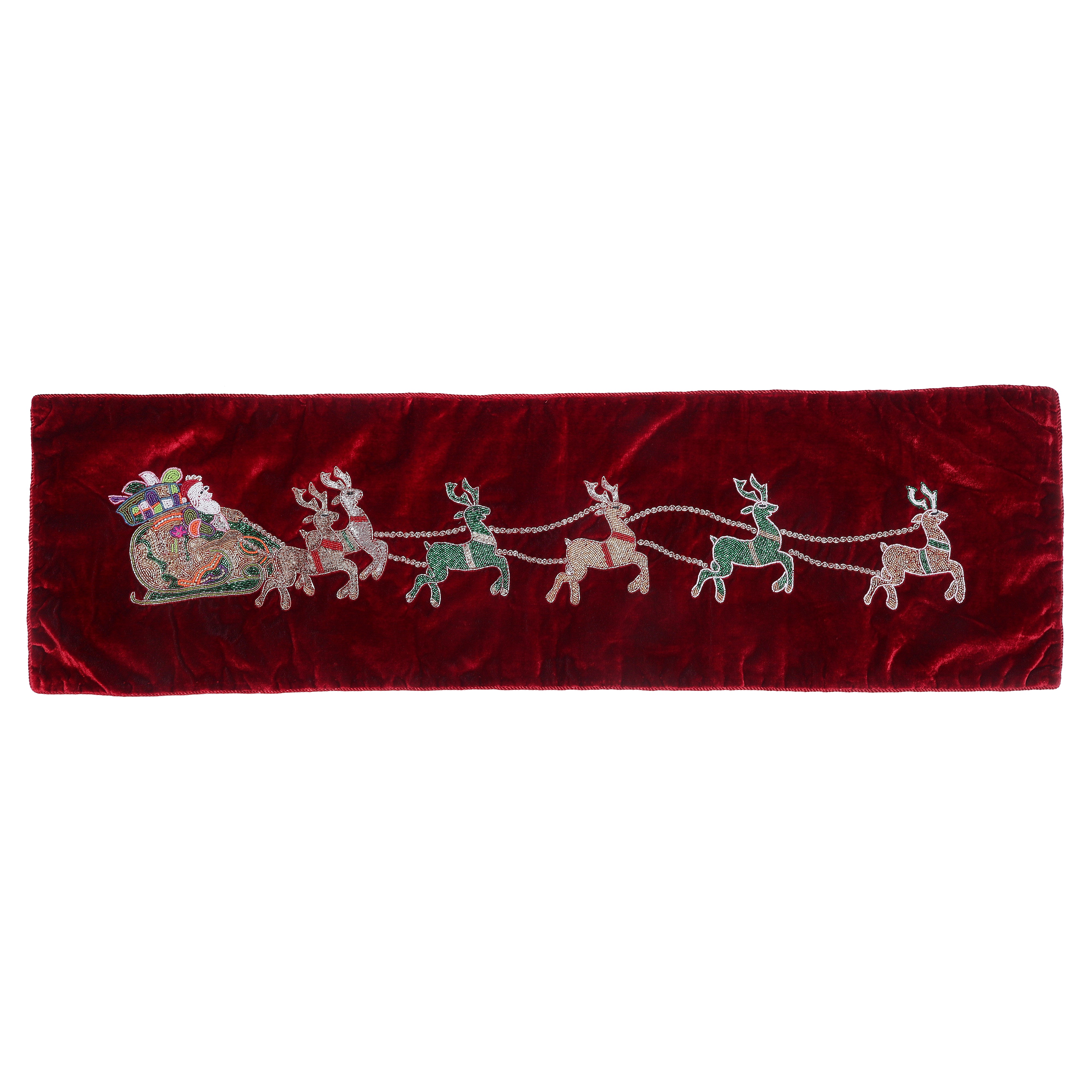Red Velvet Christmas Runner with Santa Reindeer carriage
