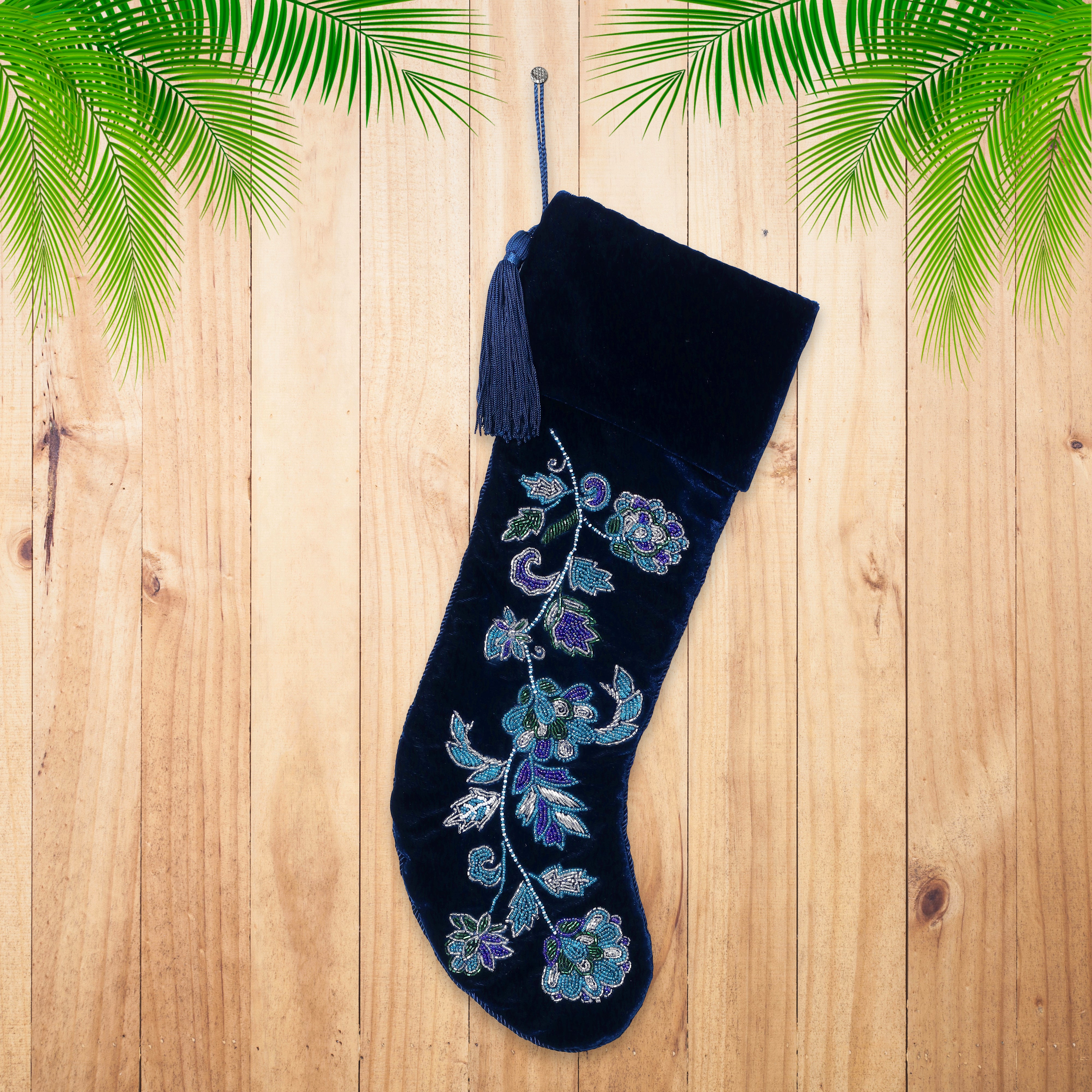 PERSONALISED NAVY BLUE FLORAL VELVET CHRISTMAS STOCKING