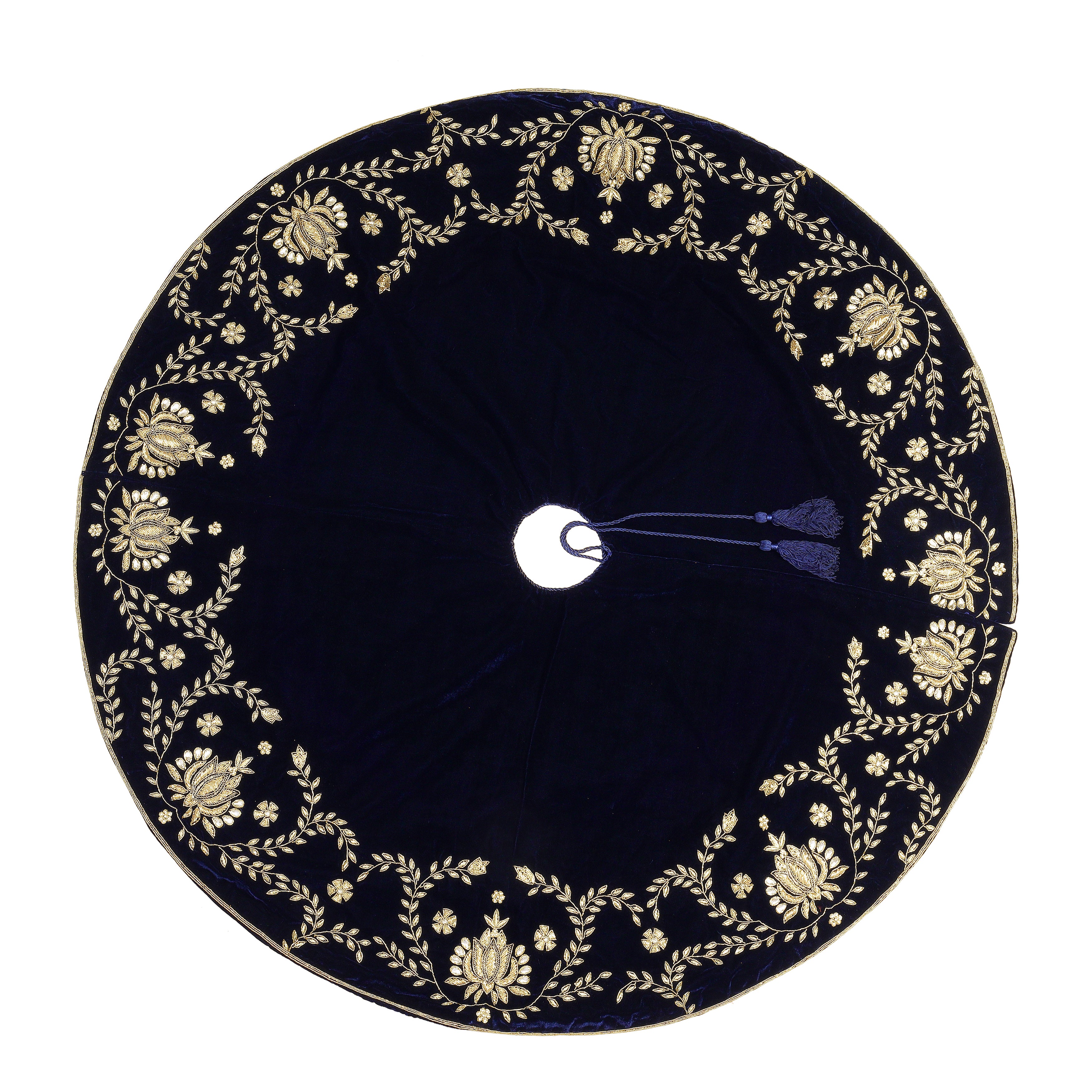 Beaded Lotus Navy Blue Velvet Christmas Tree Skirt