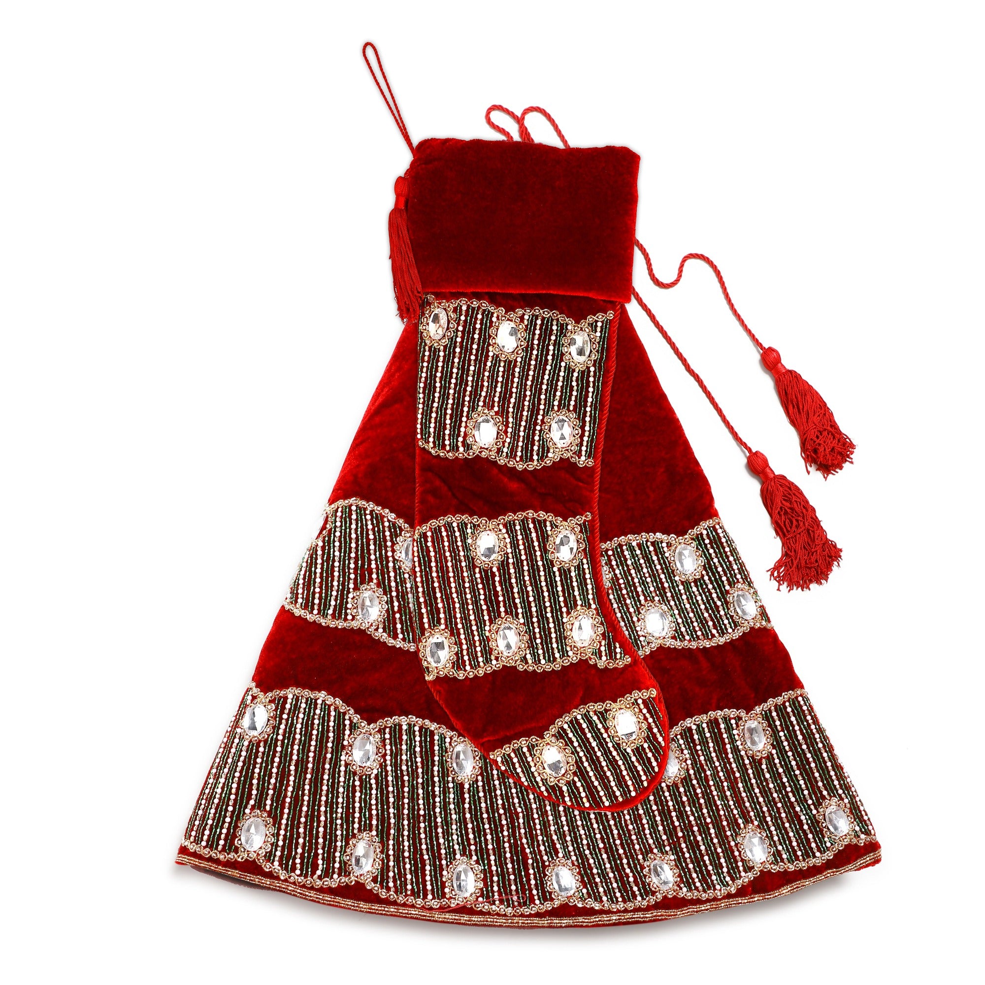 Spiral Charm Red Velvet Christmas Tree Skirt & Matching Christmas Stocking Set