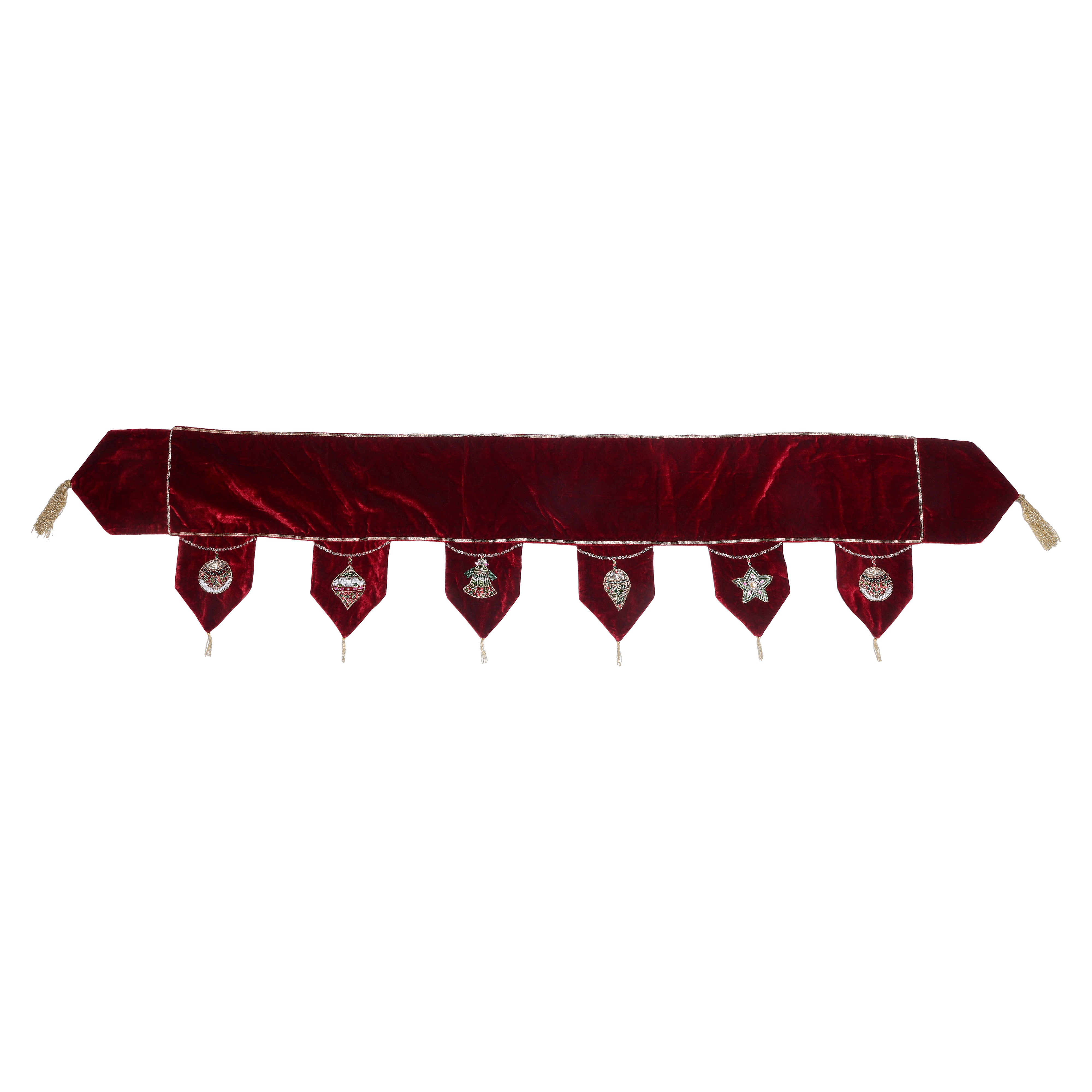 Ornament Red Velvet Christmas Mantle Scarf Available in 2 sizes 60" & 72". Fireplace Christmas Scarf