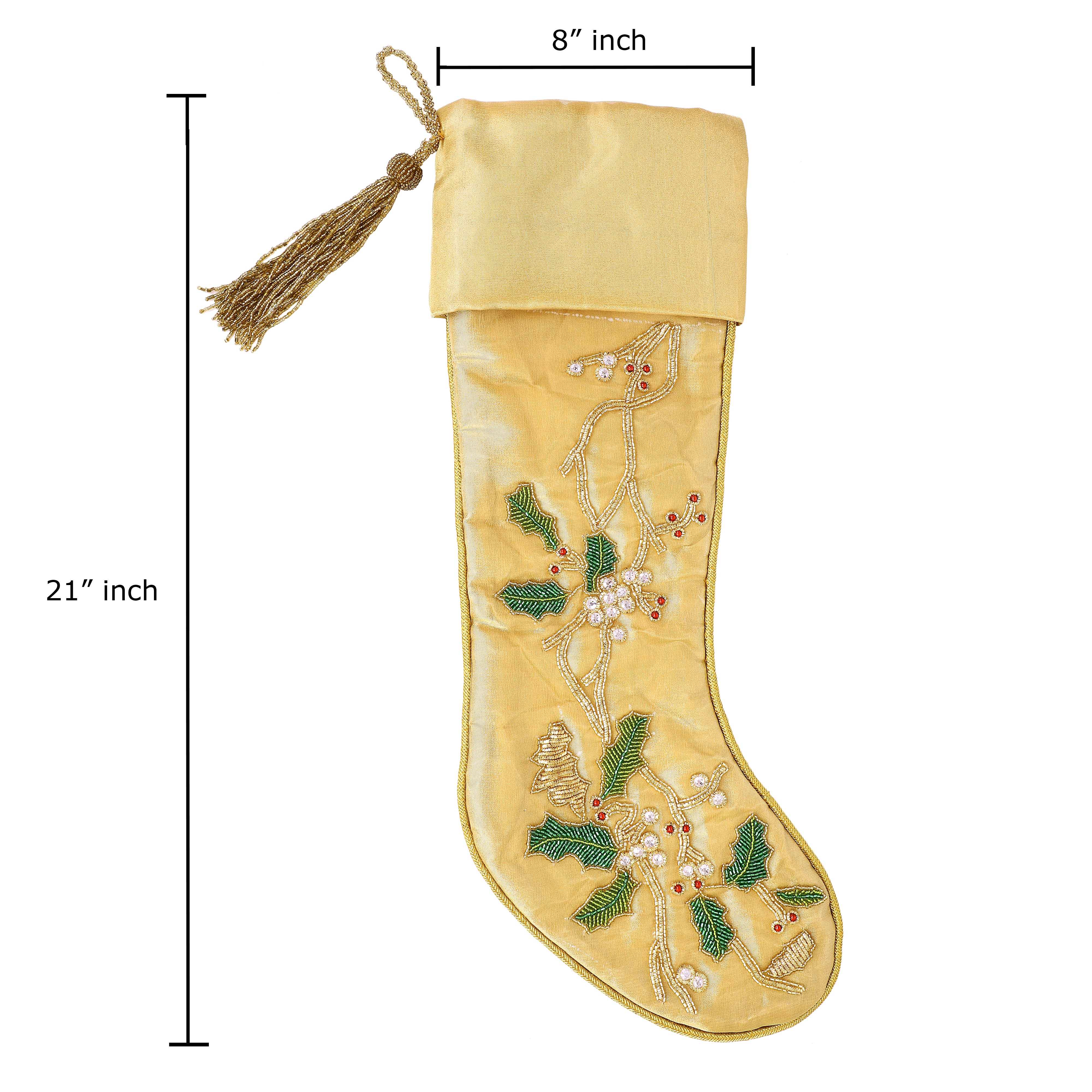 FLORAL WREATH GOLD CHRISTMAS WREATH TREE SKIRT & MATCHING CHRISTMAS STOCKING SET