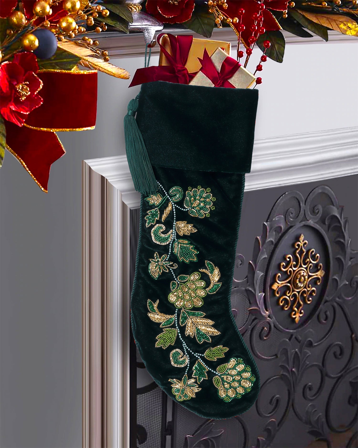 PERSONALISED GREEN FLORAL VELVET CHRISTMAS STOCKING
