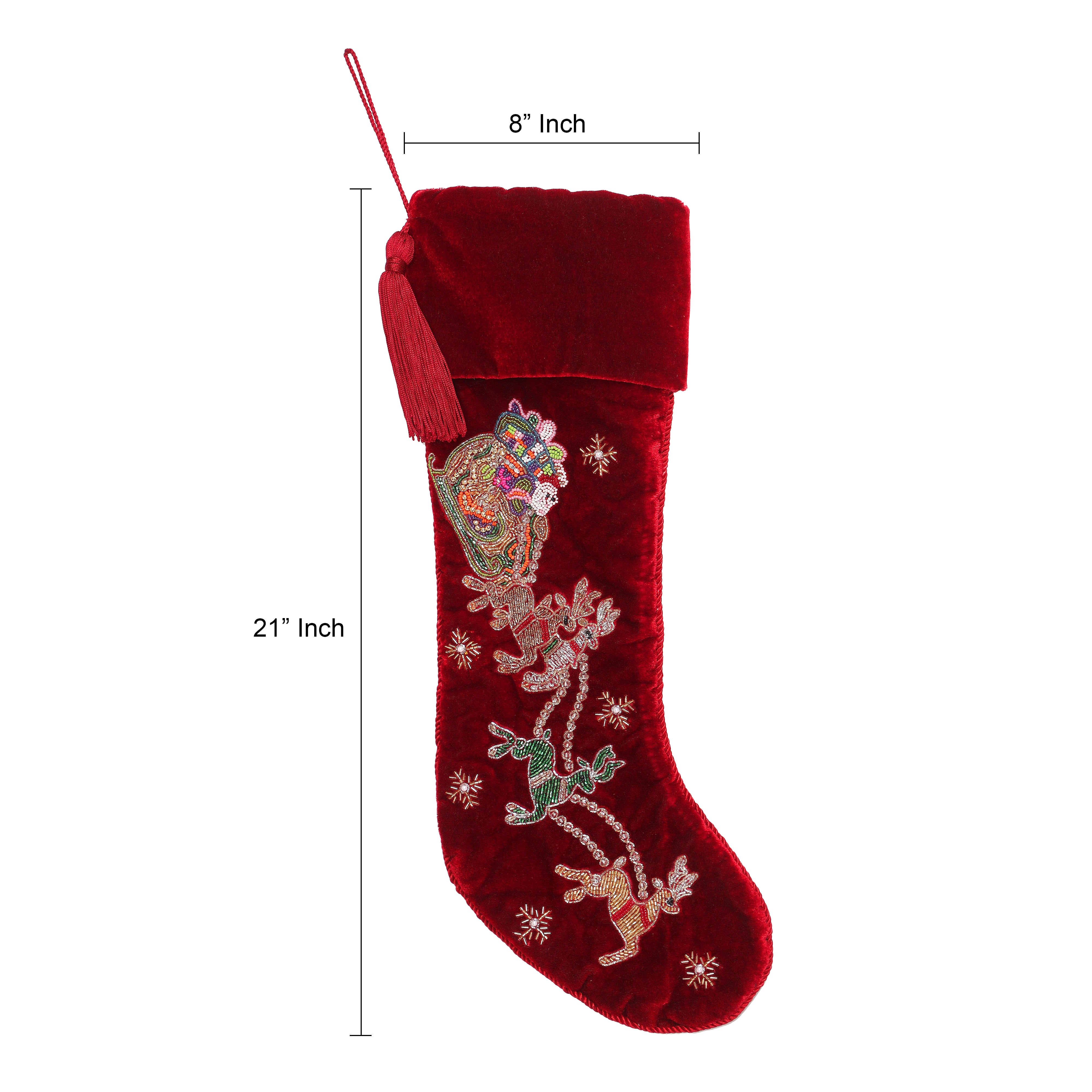 Red Velvet Christmas Tree Skirt & Matching Christmas Stocking Set with Santa Reindeer Carriage