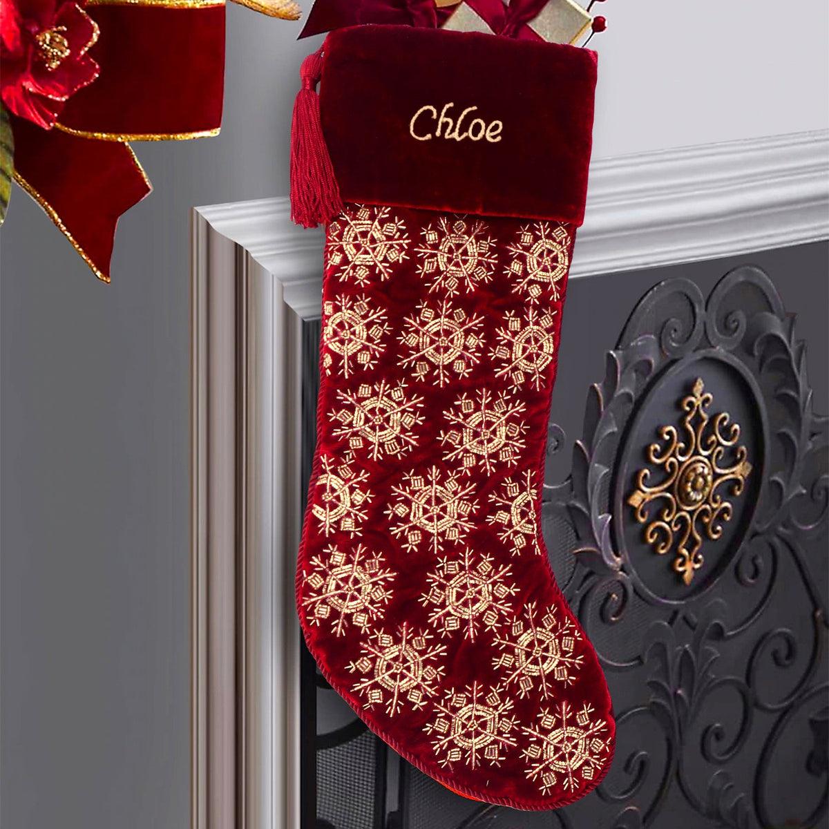 PERSONALISED BEADED SNOWFLAKE RED VELVET CHRISTMAS STOCKING