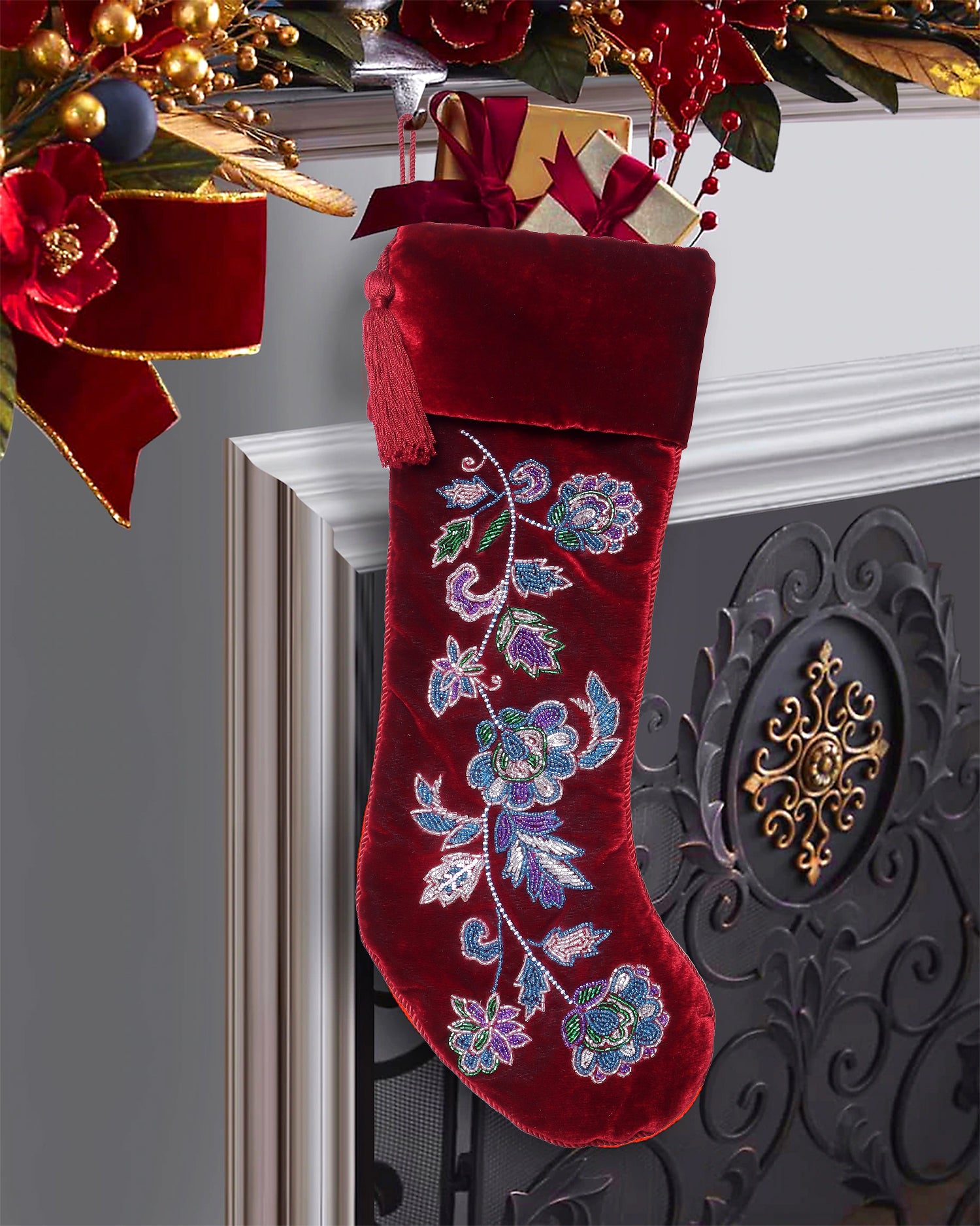 PERSONALISED RED FLORAL VELVET CHRISTMAS STOCKING