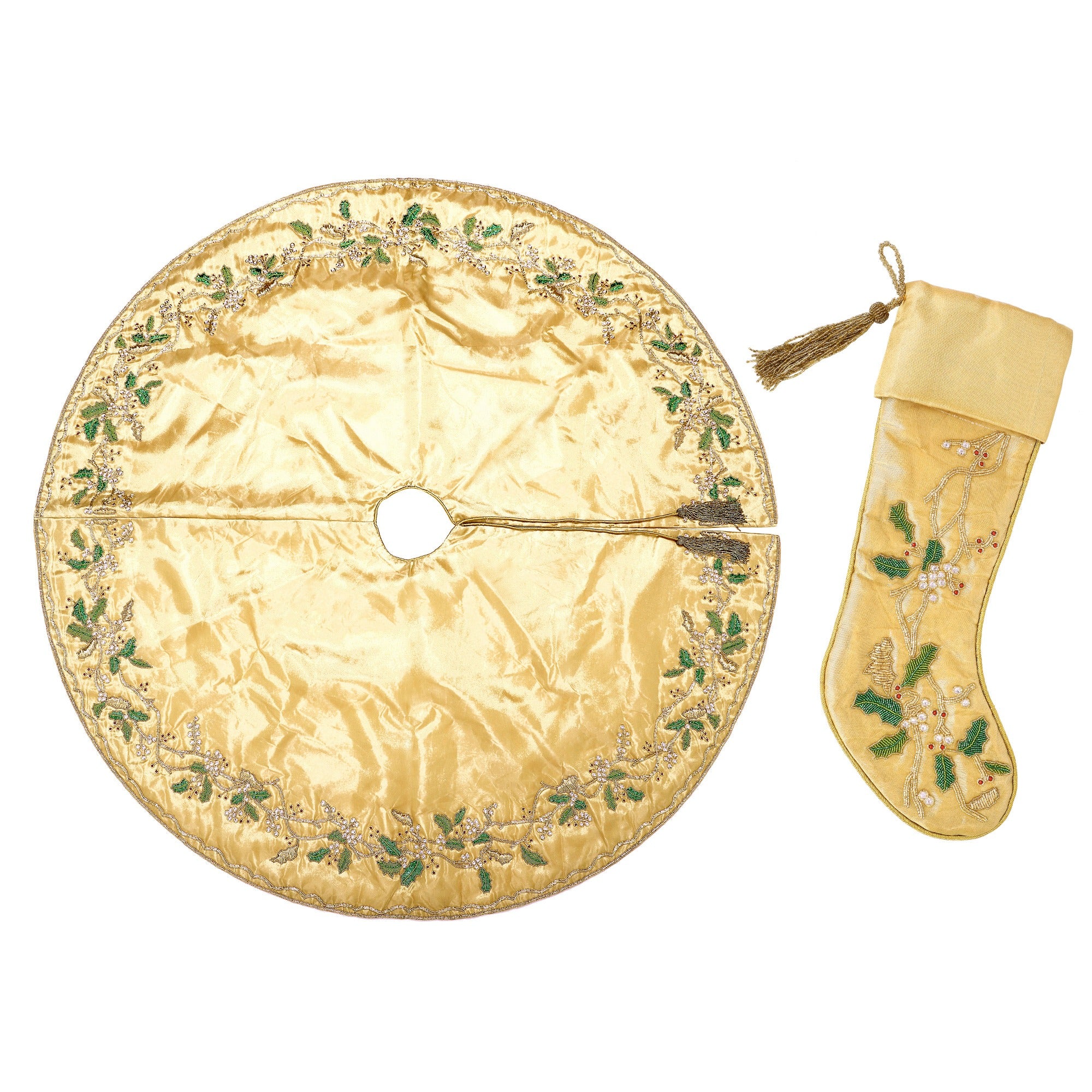 FLORAL WREATH GOLD CHRISTMAS WREATH TREE SKIRT & MATCHING CHRISTMAS STOCKING SET