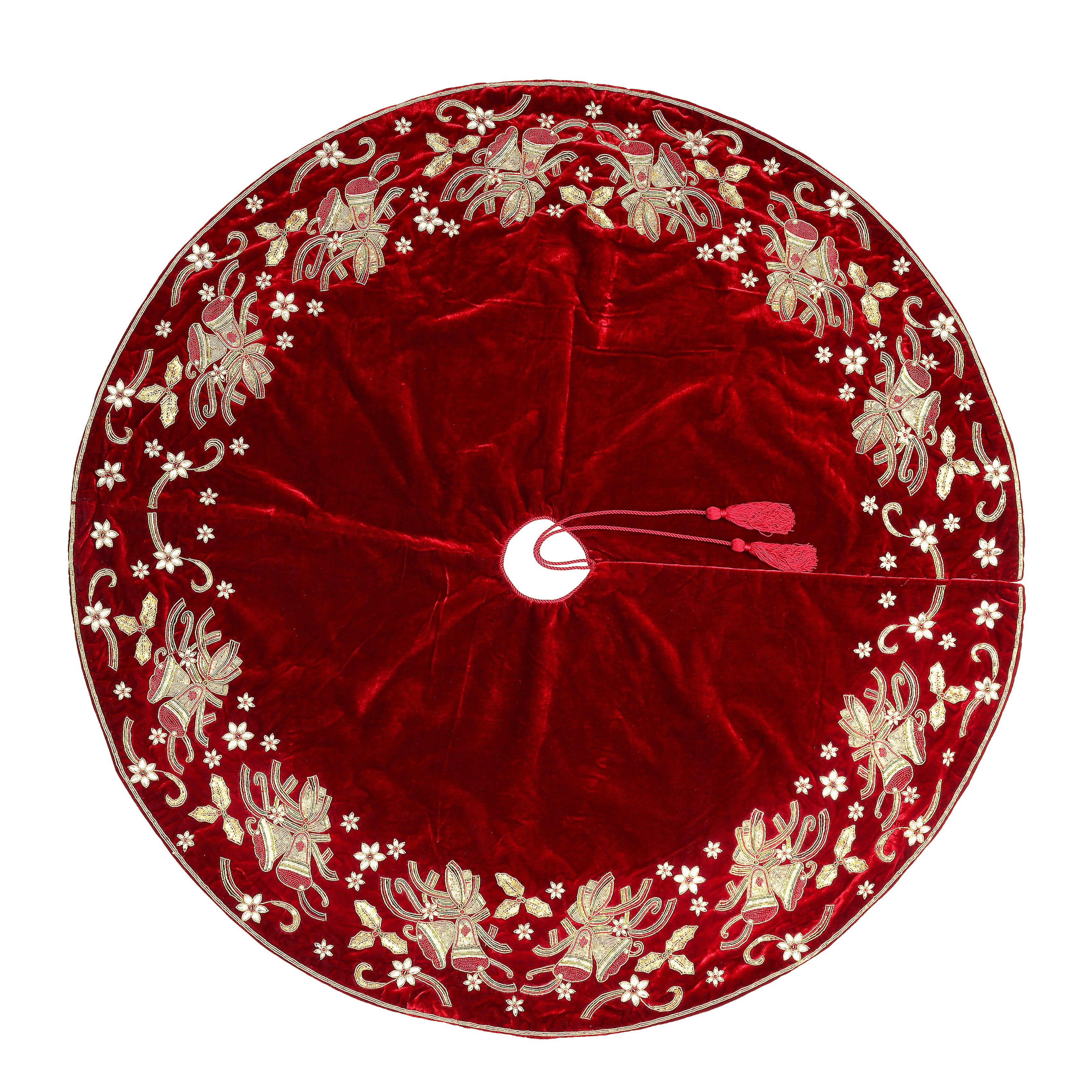 Christmas Bells Embroided Red Velvet Christmas Tree Skirt