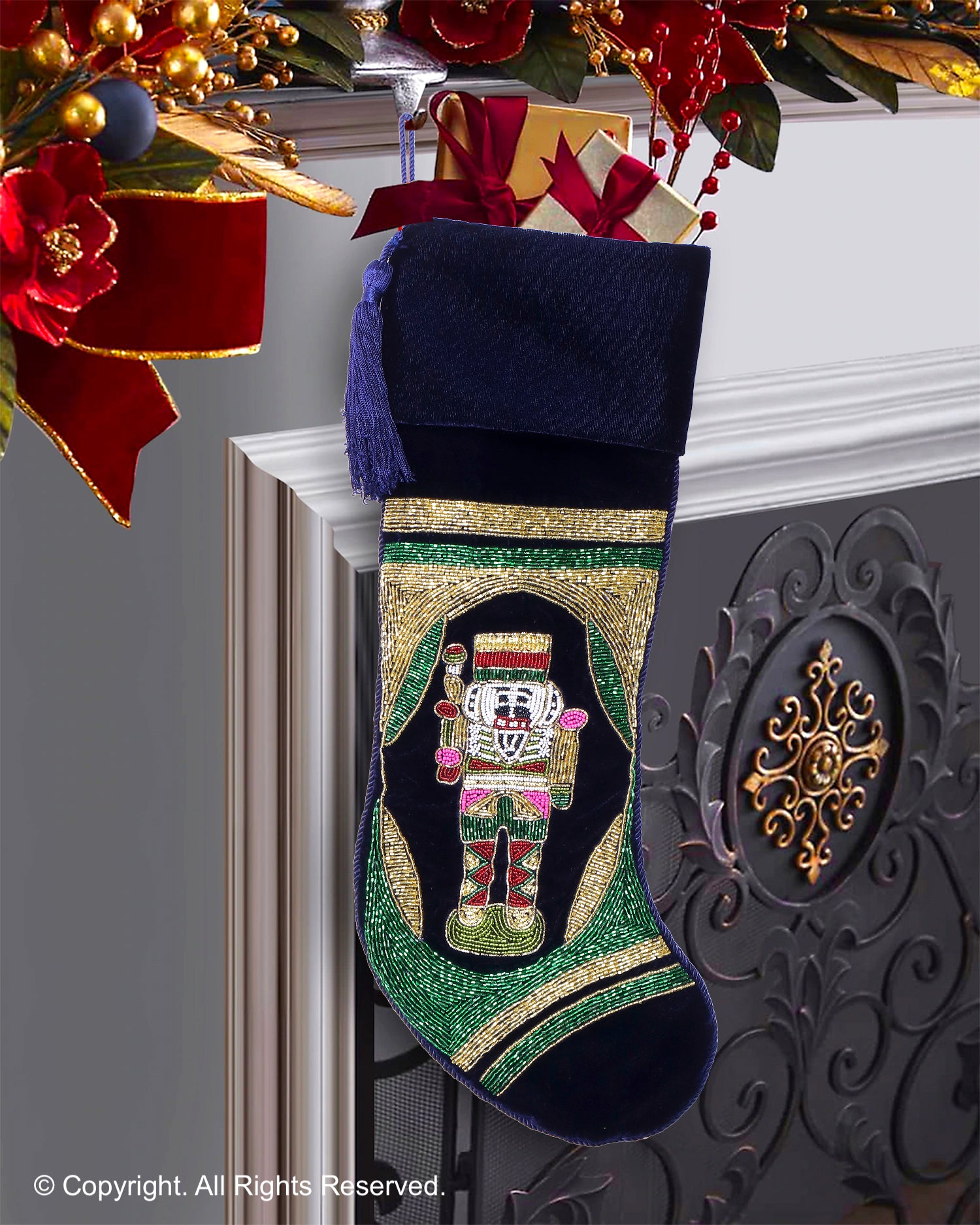 PERSONALISED NUTCRACKER NAVY BLUE VELVET CHRISTMAS STOCKING