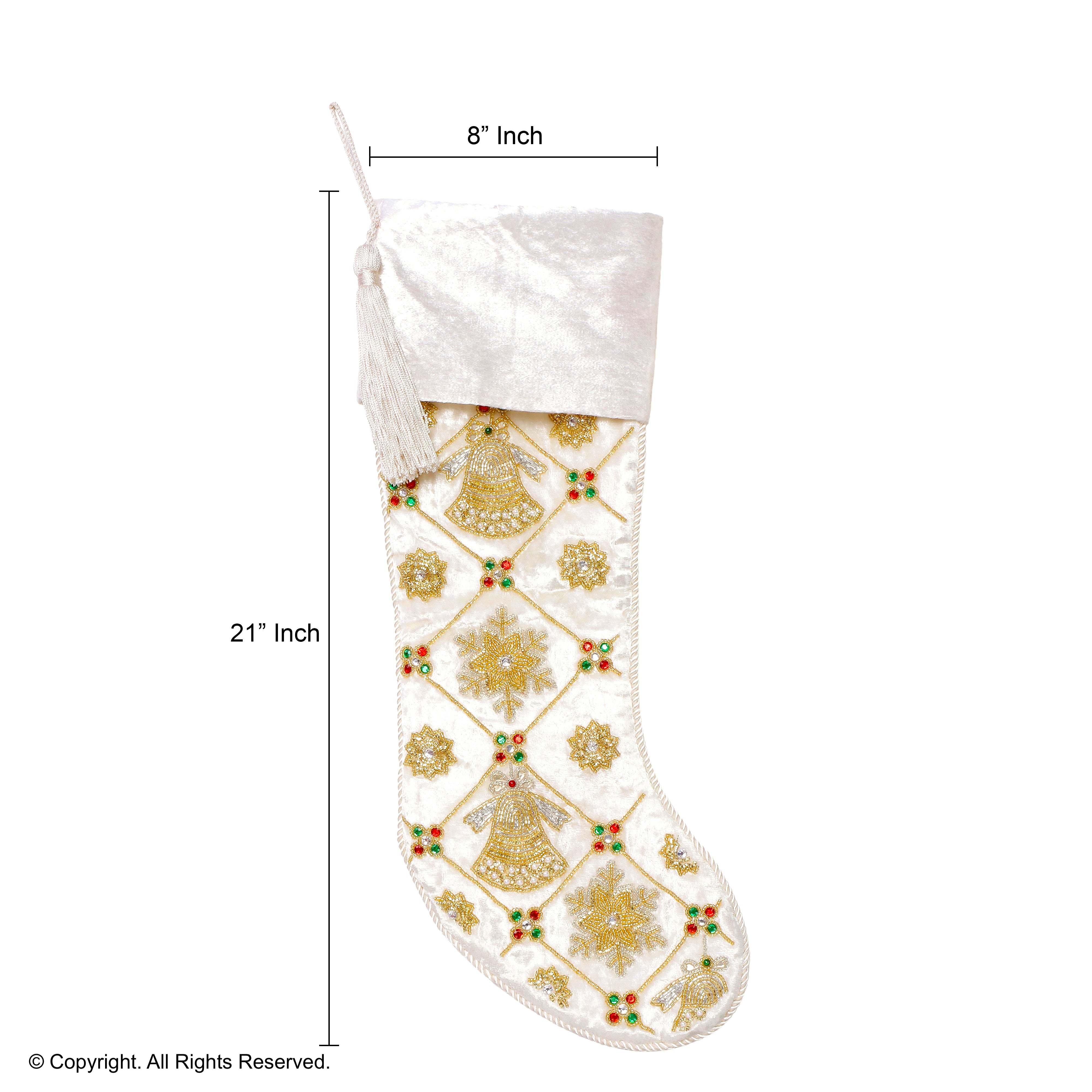 PERSONALISED JINGLE BELL AND SNOWFLAKE MAGIC WHITE VELVET CHRISTMAS STOCKING