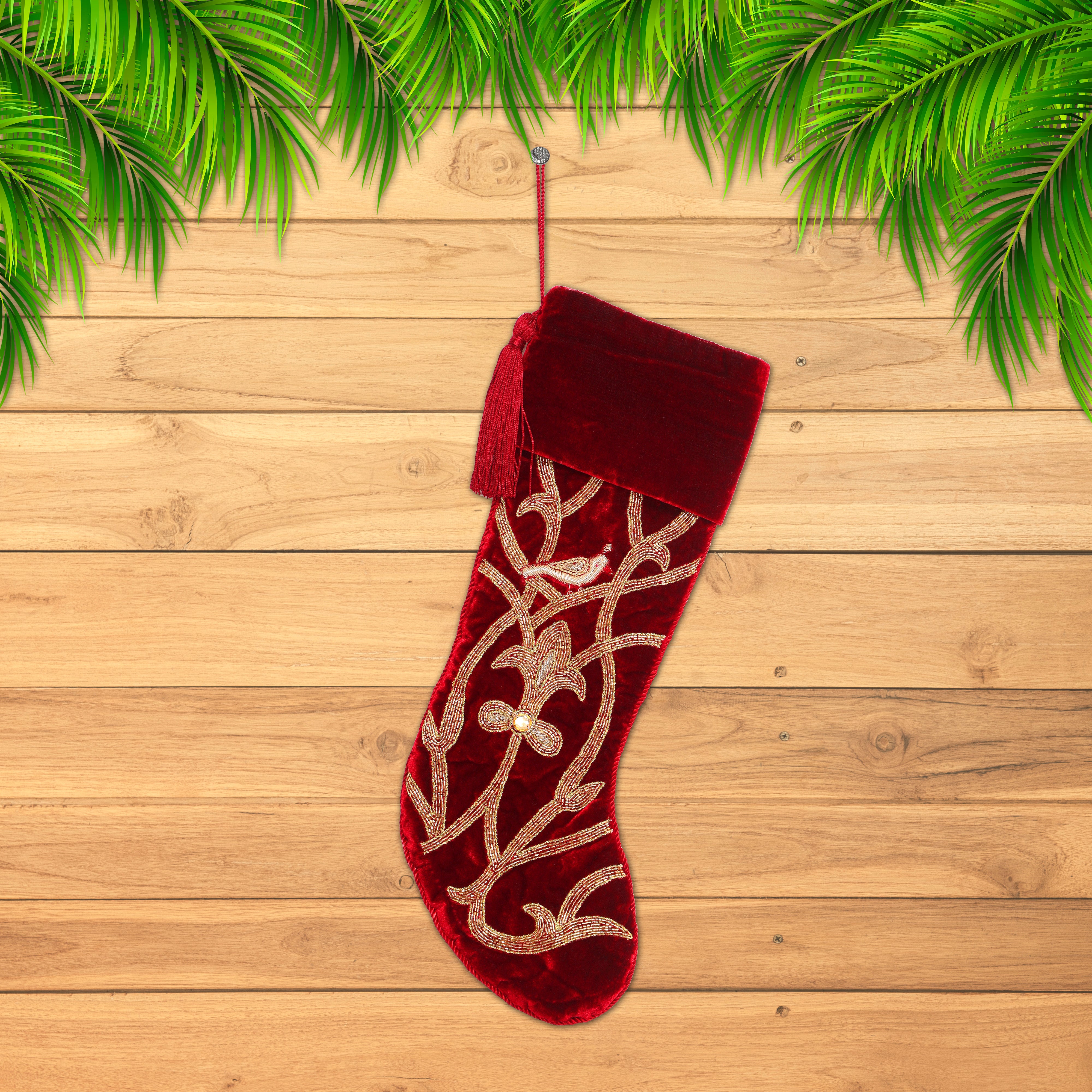 PERSONALISED Partridge Bird RED VELVET CHRISTMAS STOCKING