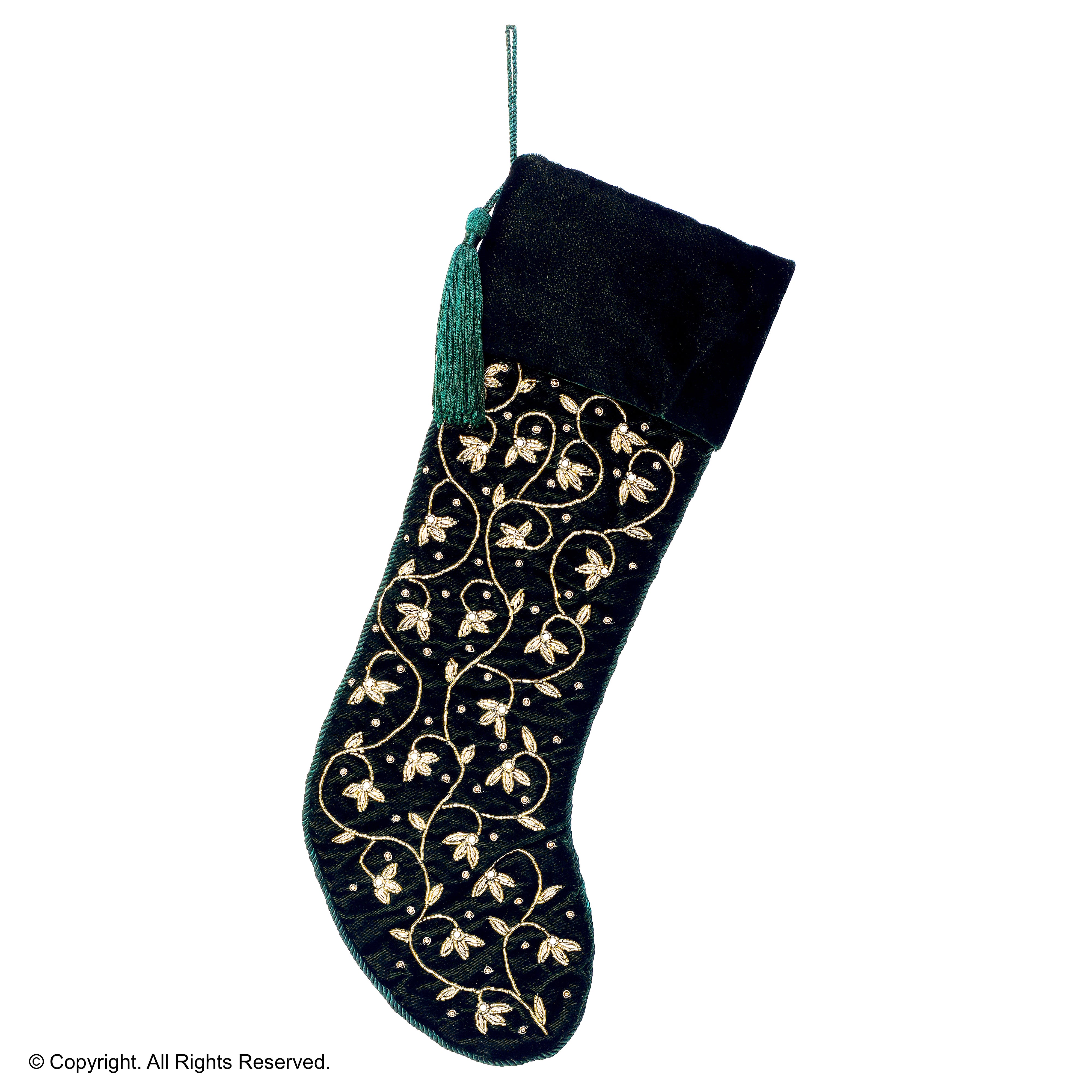 Personalised Intricate leaf Christmas Stocking- Green Velvet Christmas stocking Embroided with intricate leaf