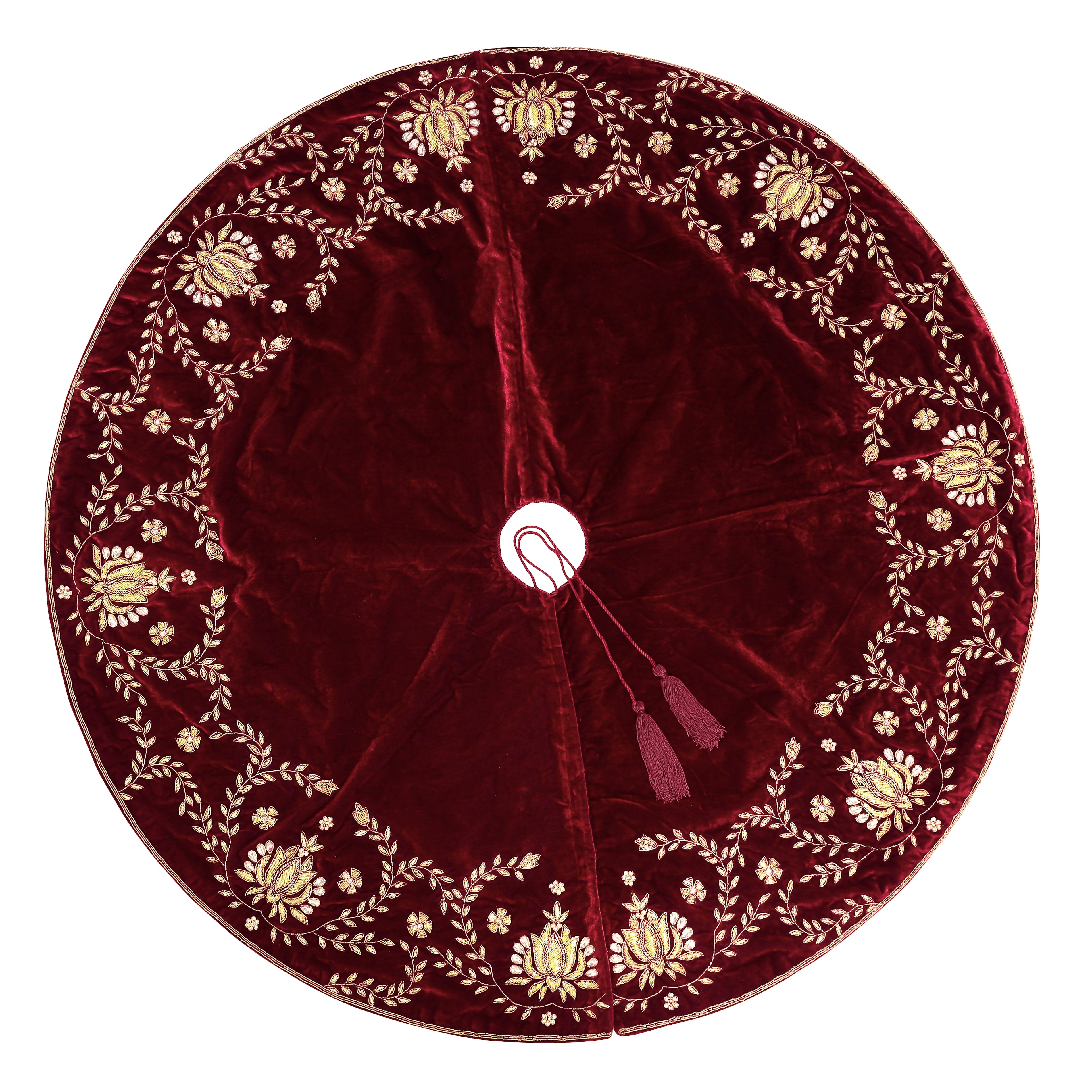 Beaded Lotus Red Velvet Christmas Tree Skirt