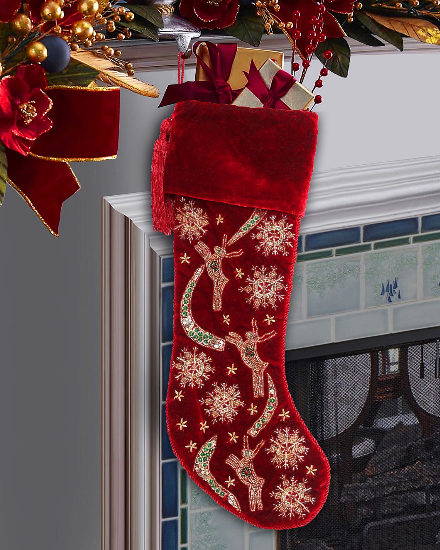 PERSONALISED REINDEER SNOWFLAKE RED VELVET CHRISTMAS STOCKING