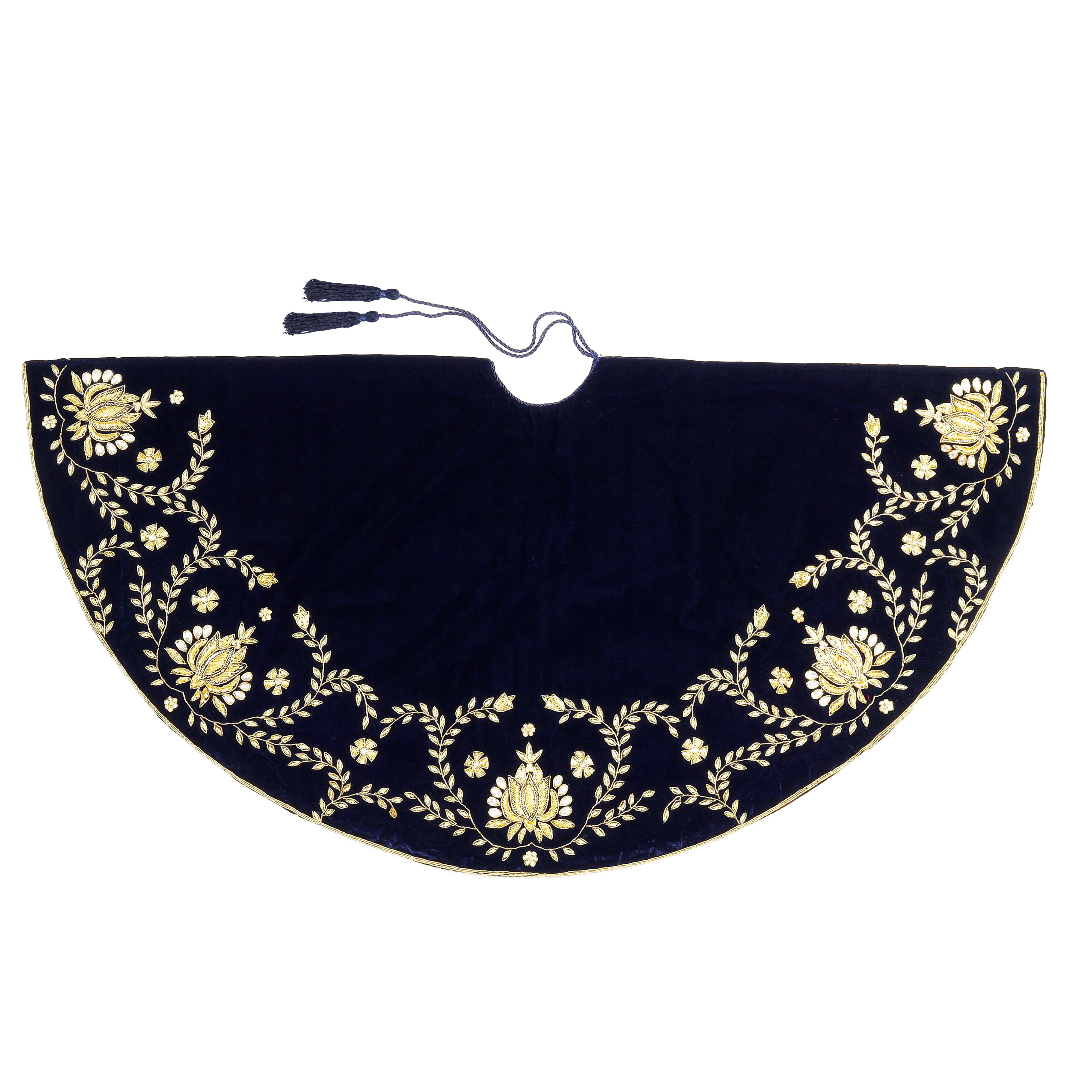 Beaded Lotus Navy Blue Velvet Christmas Tree Skirt