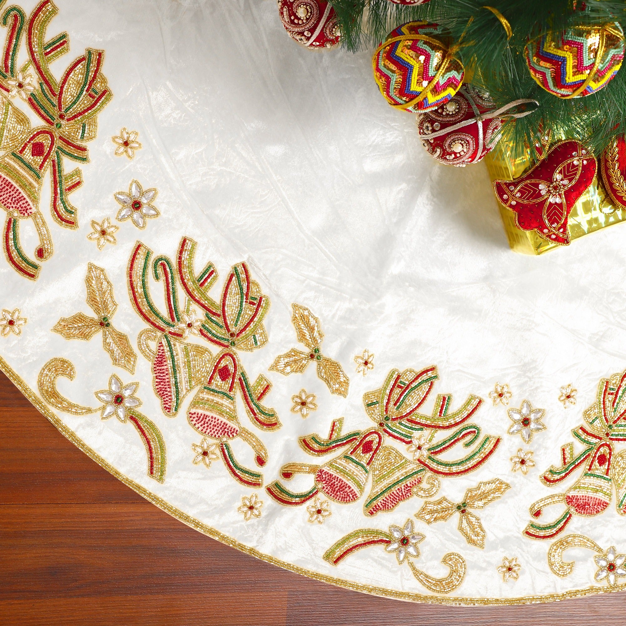 Christmas Bells Embroided White Velvet Christmas Tree Skirt