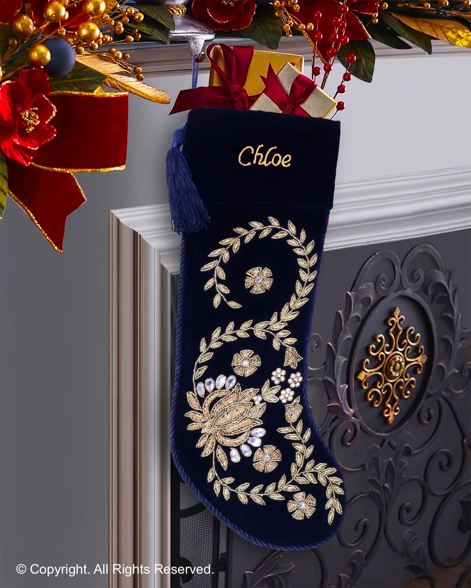 PERSONALISED LOTUS NAVY BLUE VELVET CHRISTMAS STOCKING