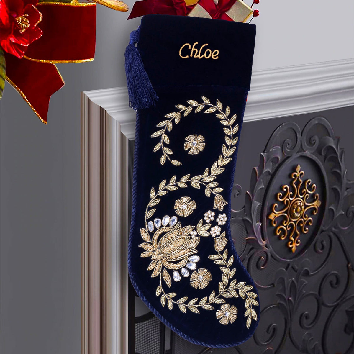 PERSONALISED LOTUS NAVY BLUE VELVET CHRISTMAS STOCKING