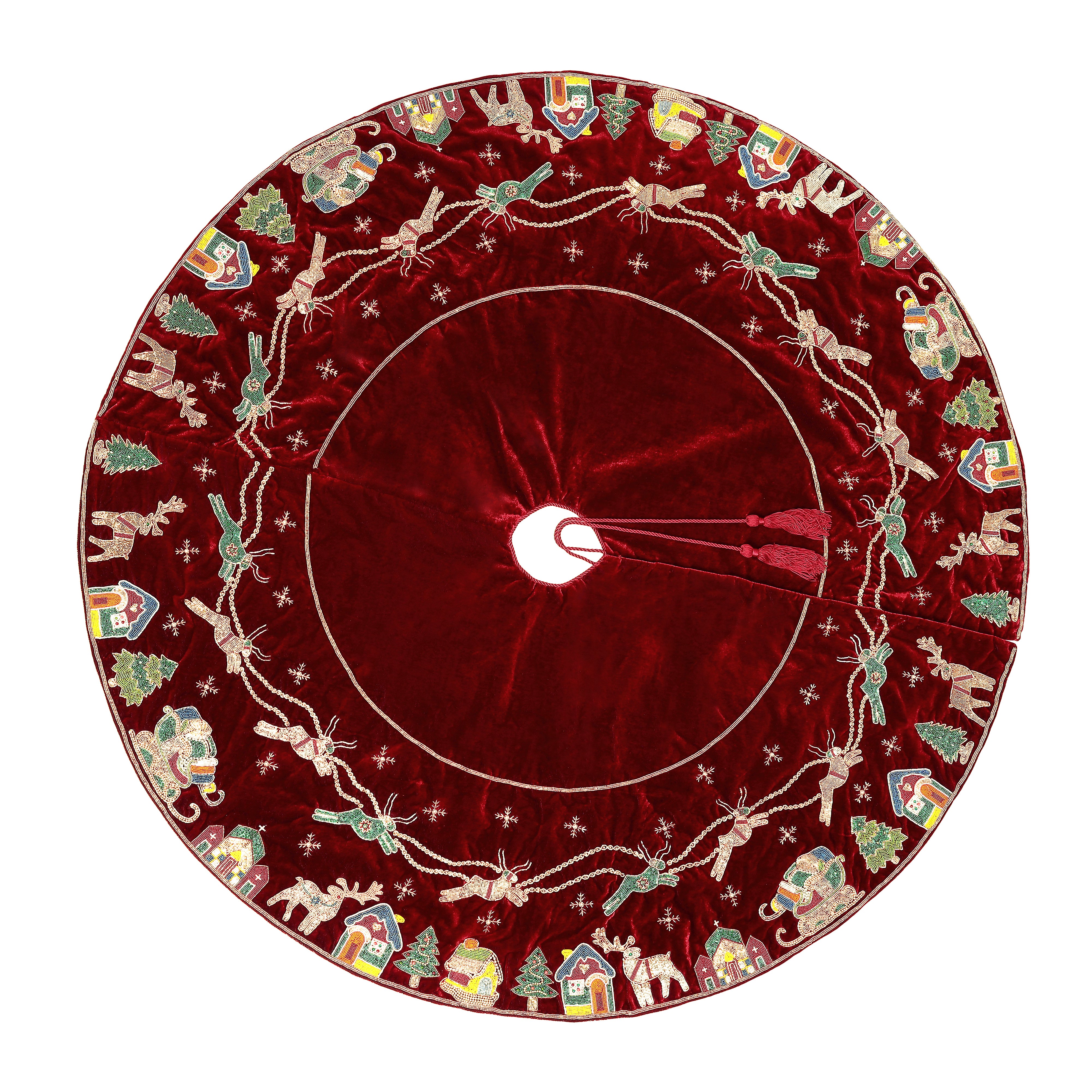 Reindeer Over the City Red Velvet Christmas Tree Skirt