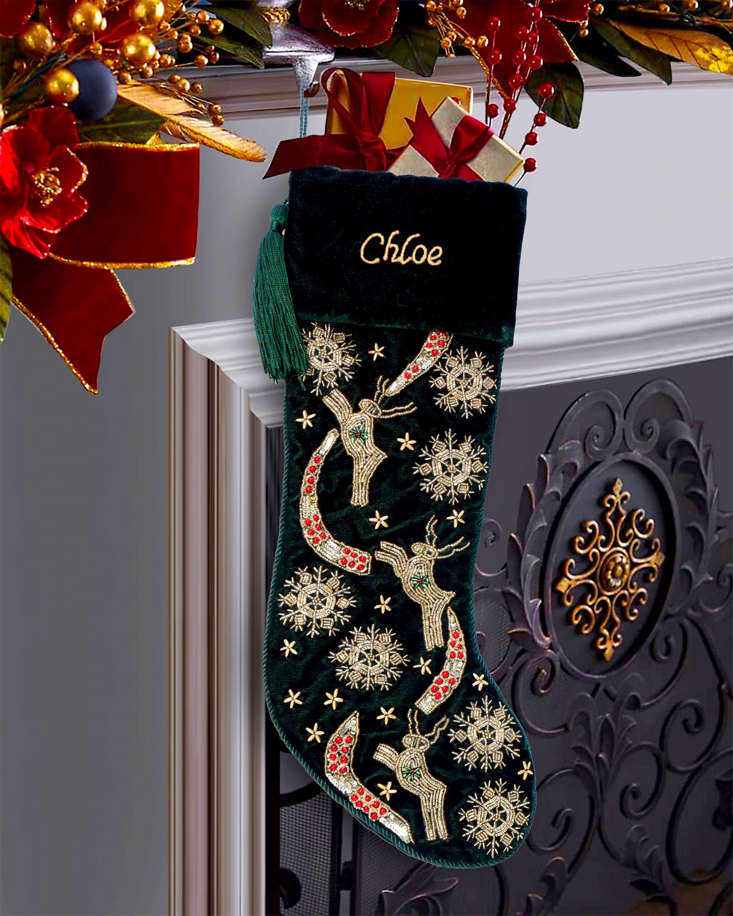 PERSONALISED REINDEER SNOWFLAKE GREEN VELVET CHRISTMAS STOCKING