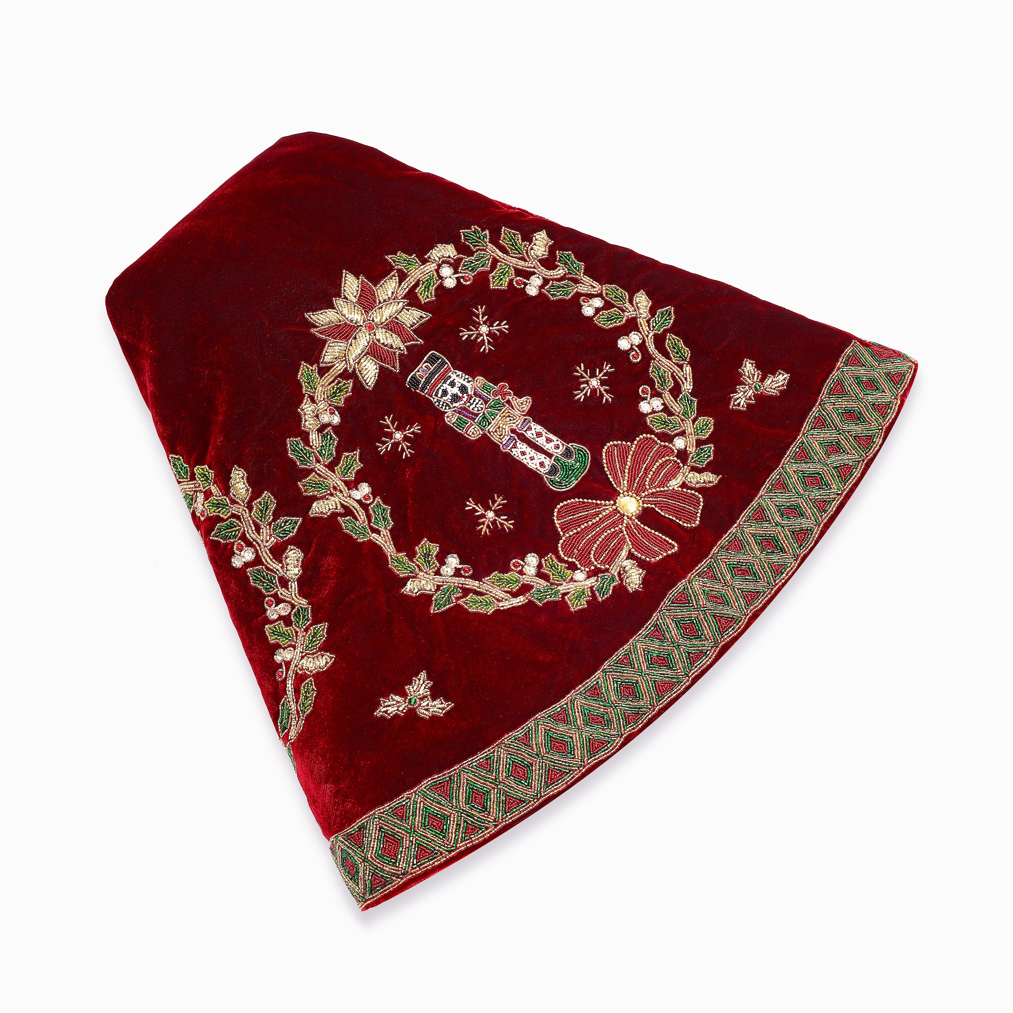 Joyful Wreath Tapestry Red Velvet Christmas Tree Skirt