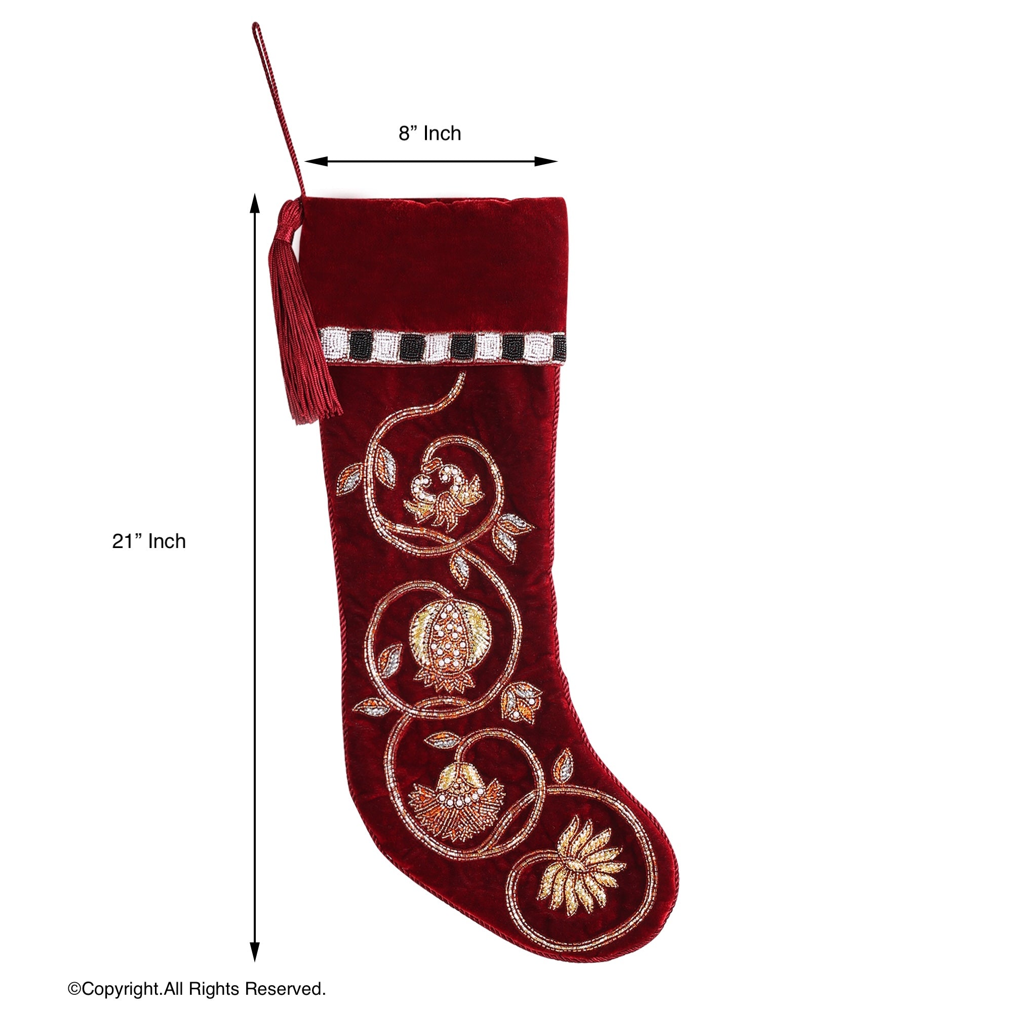PERSONALISED GOLDEN GARLAND RED VELVET CHRISTMAS STOCKING