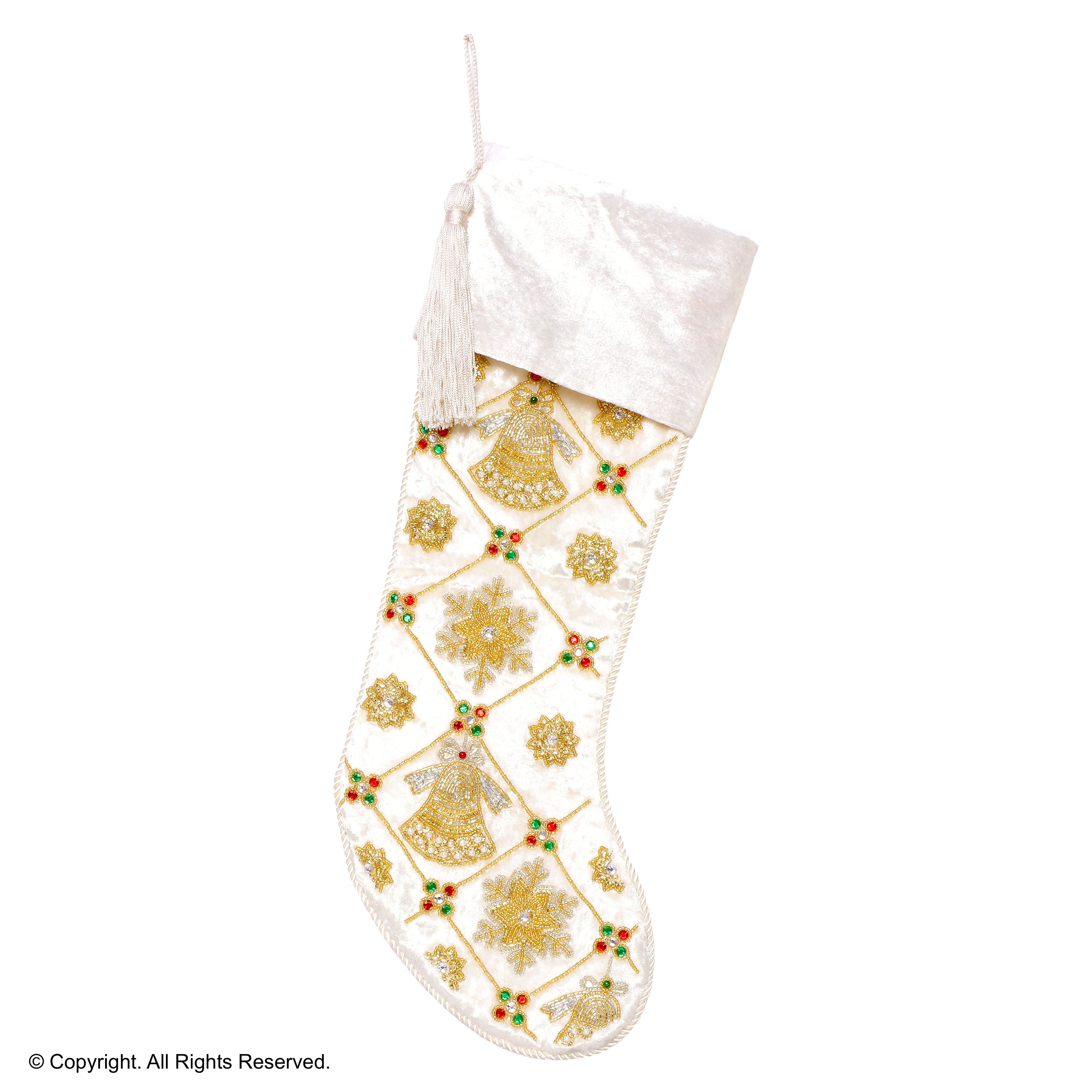 PERSONALISED JINGLE BELL AND SNOWFLAKE MAGIC WHITE VELVET CHRISTMAS STOCKING