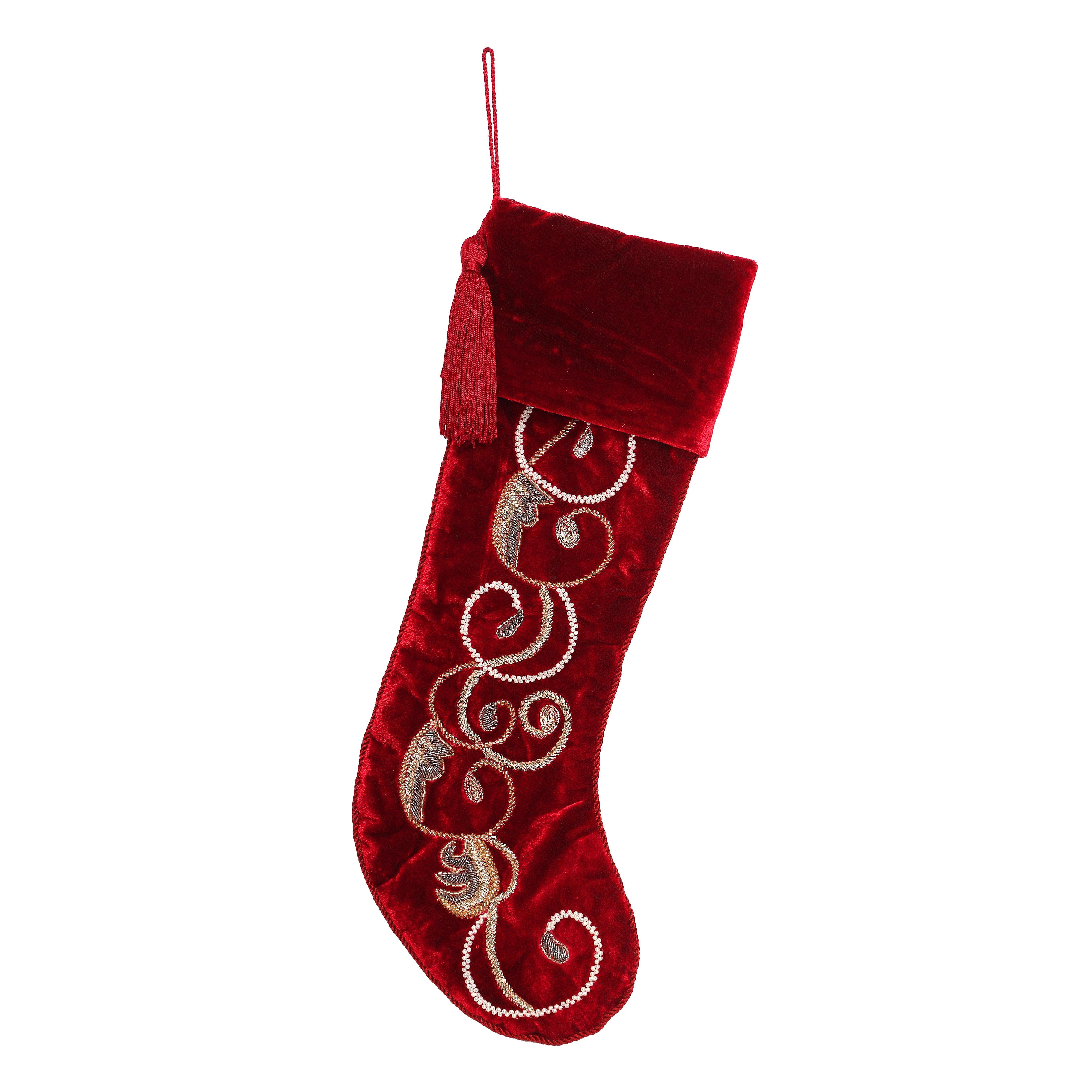 PERSONALISED SWIRL CHARM RED VELVET CHRISTMAS STOCKING
