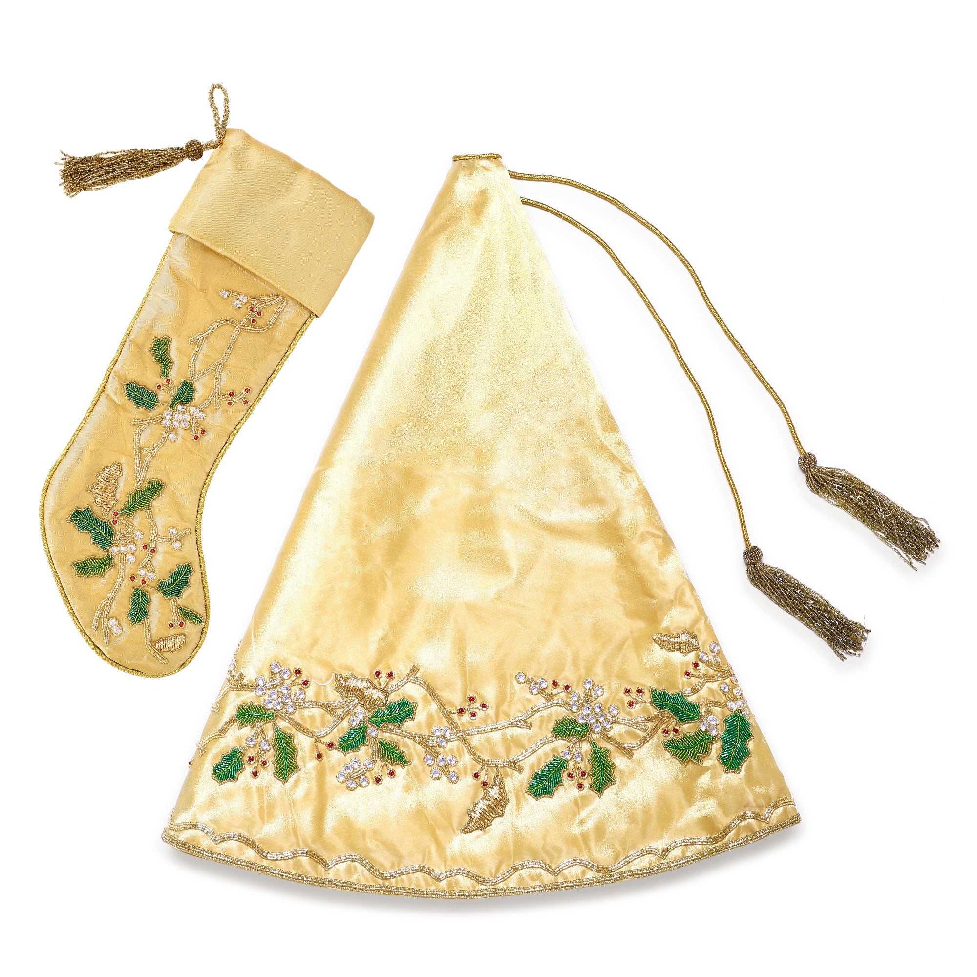 FLORAL WREATH GOLD CHRISTMAS WREATH TREE SKIRT & MATCHING CHRISTMAS STOCKING SET