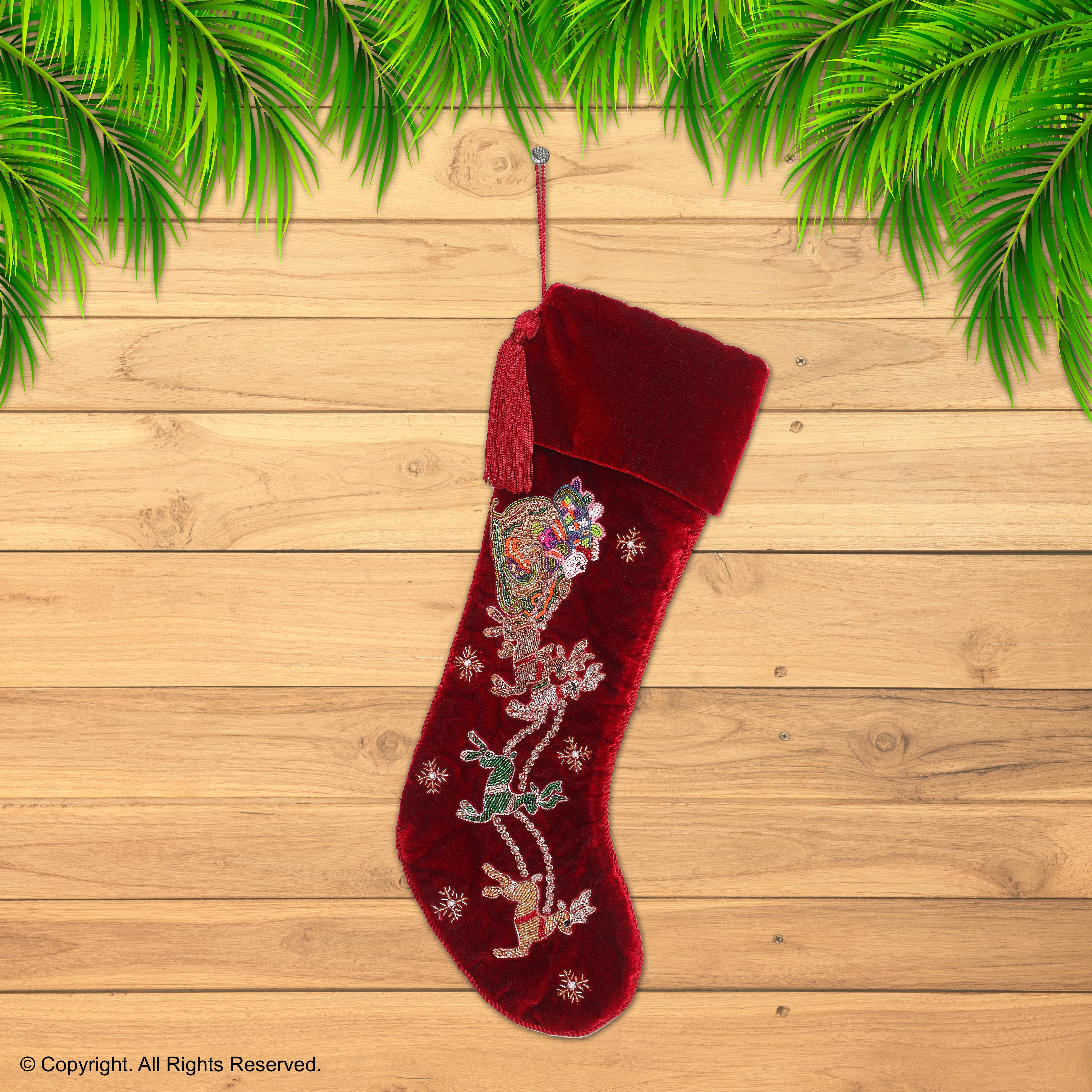 PERSONALISED SANTA CARRIAGE RED VELVET CHRISTMAS STOCKING