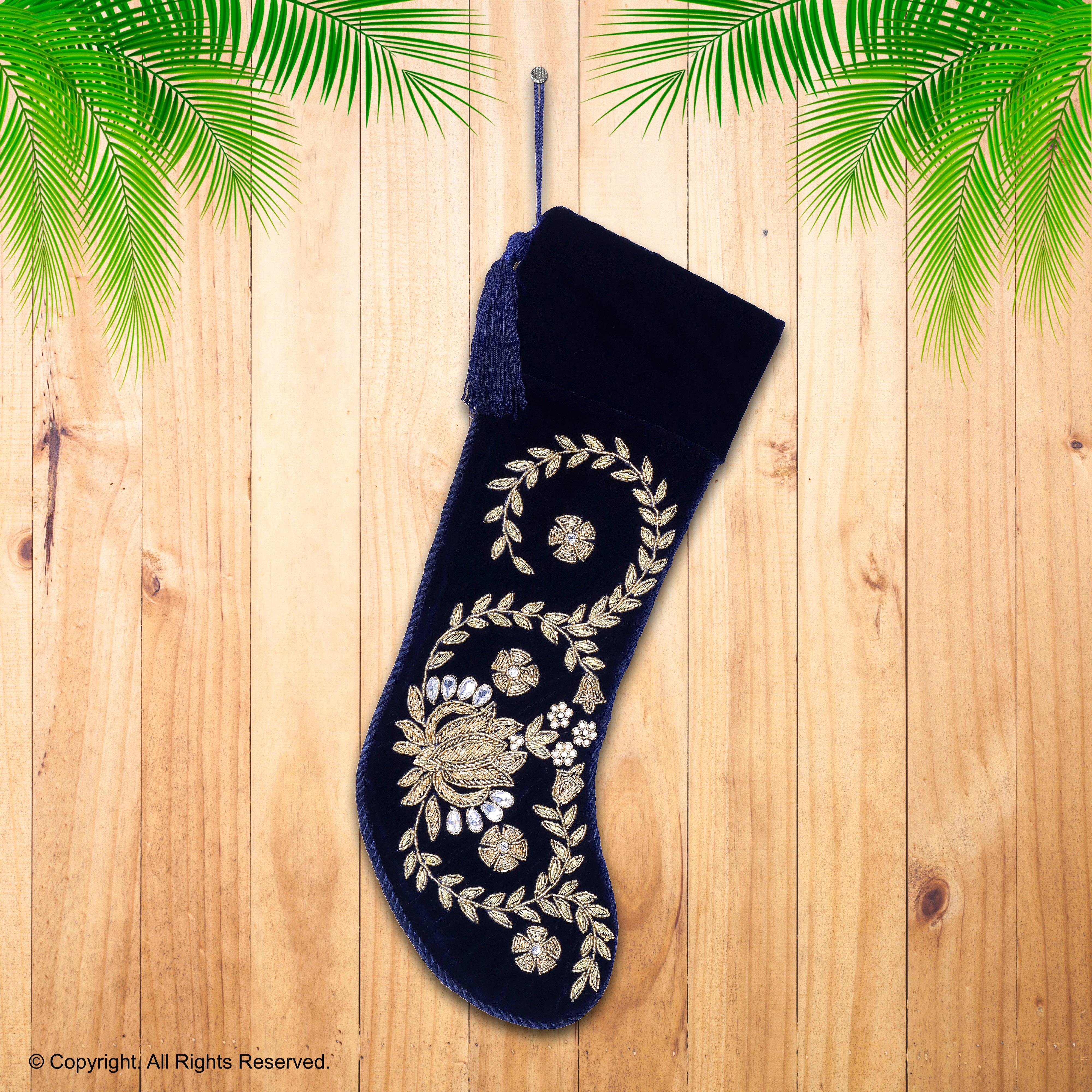 PERSONALISED LOTUS NAVY BLUE VELVET CHRISTMAS STOCKING