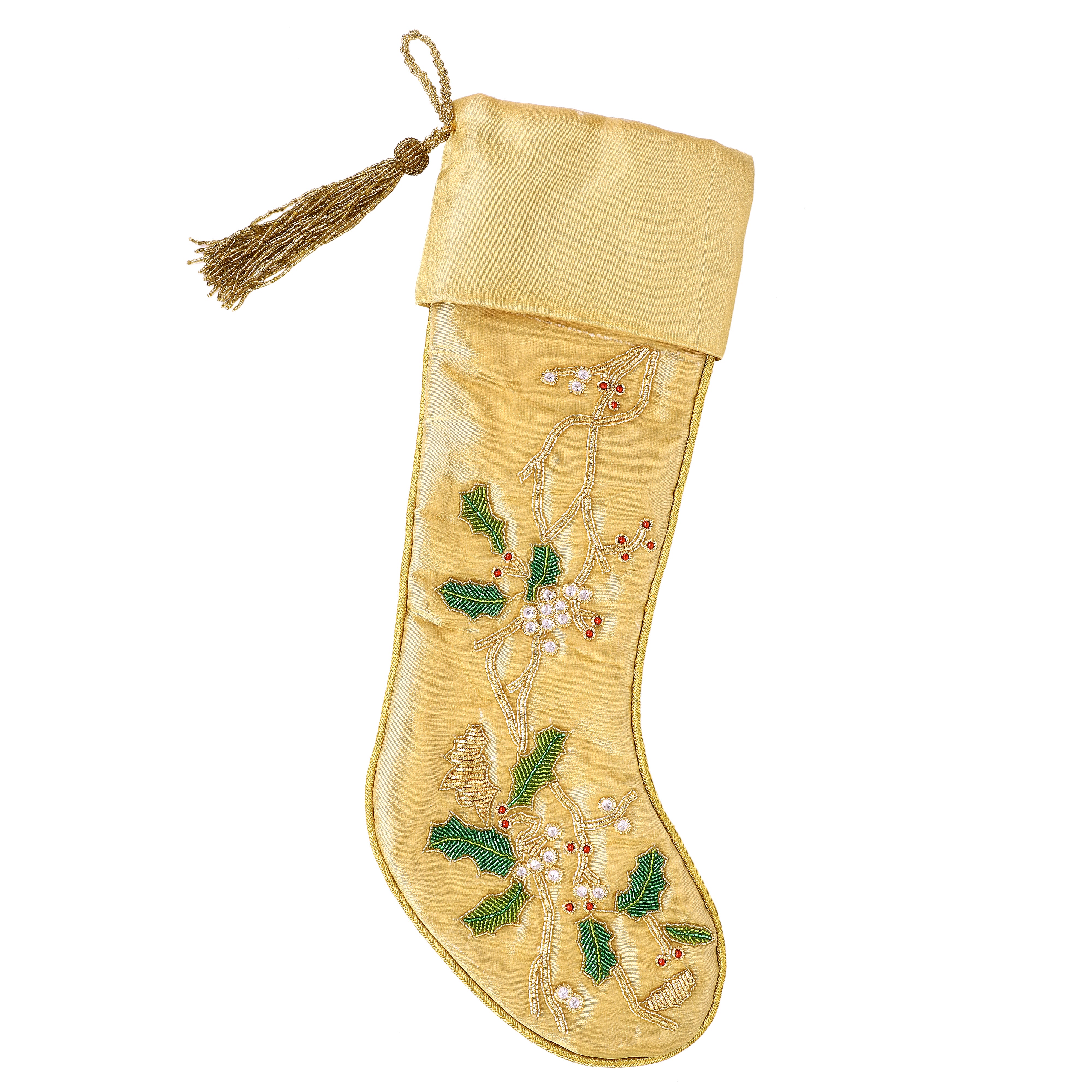 FLORAL WREATH GOLD CHRISTMAS WREATH TREE SKIRT & MATCHING CHRISTMAS STOCKING SET