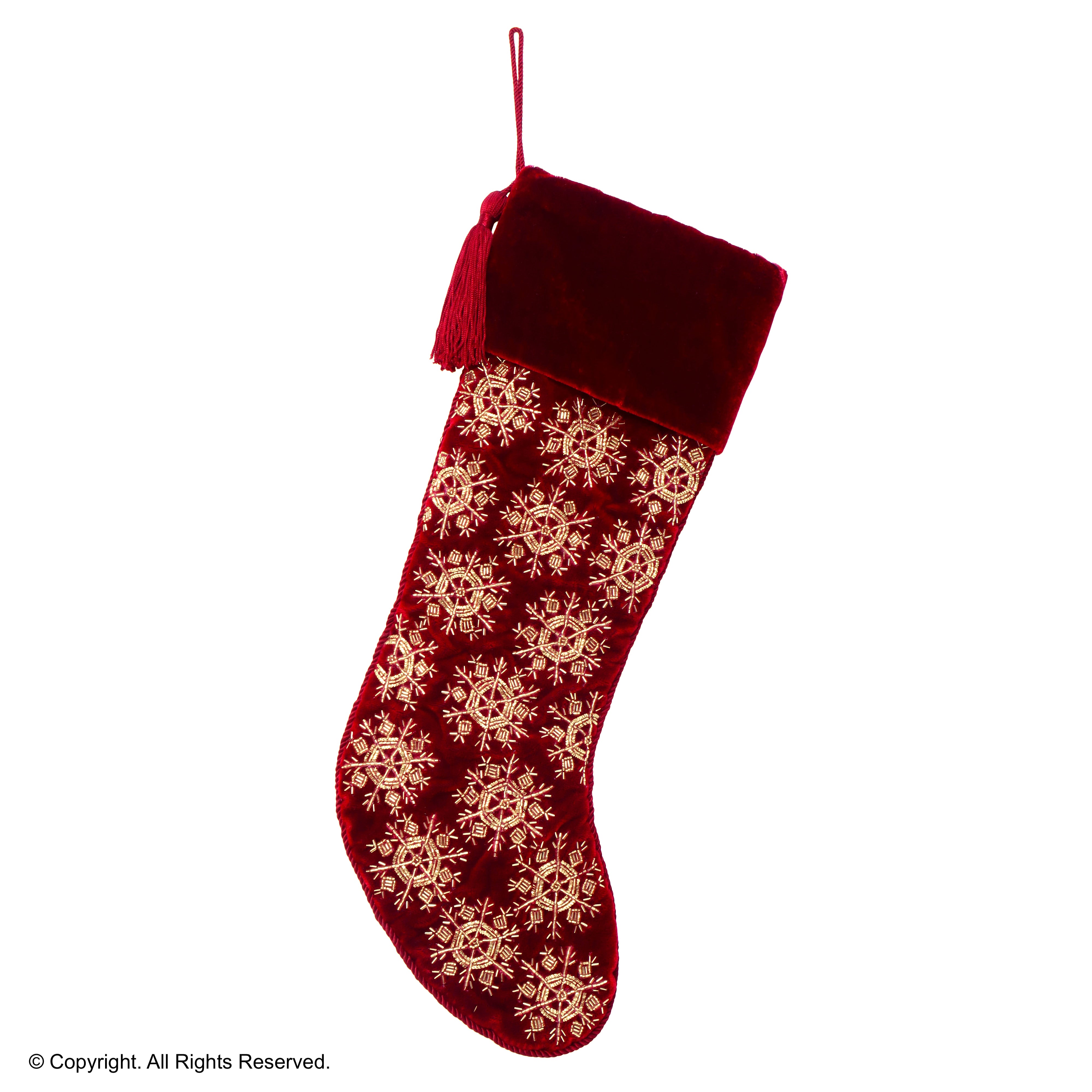 PERSONALISED BEADED SNOWFLAKE RED VELVET CHRISTMAS STOCKING