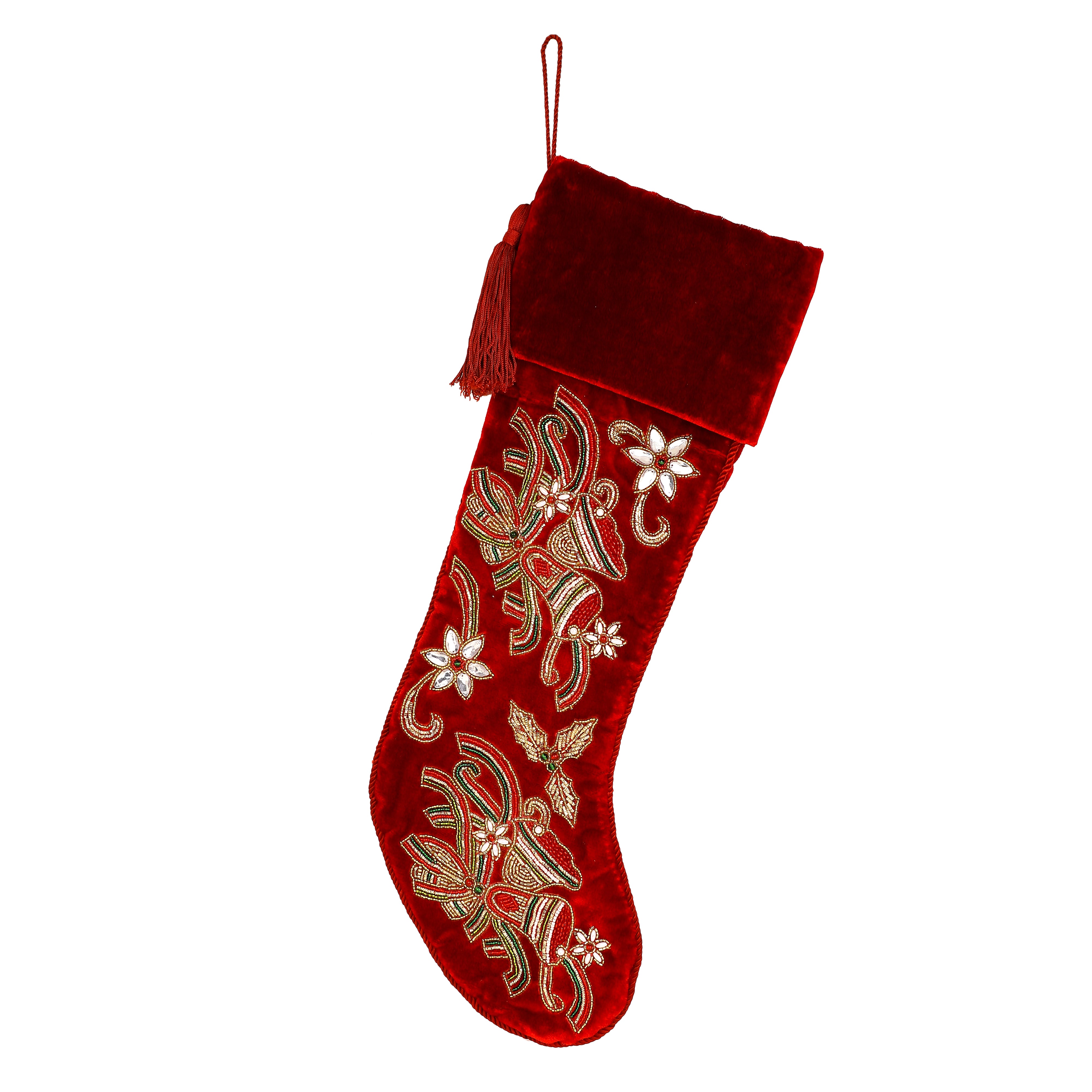 PERSONALISED CHRISTMAS BELLS EMBROIDED RED VELVET CHRISTMAS STOCKING