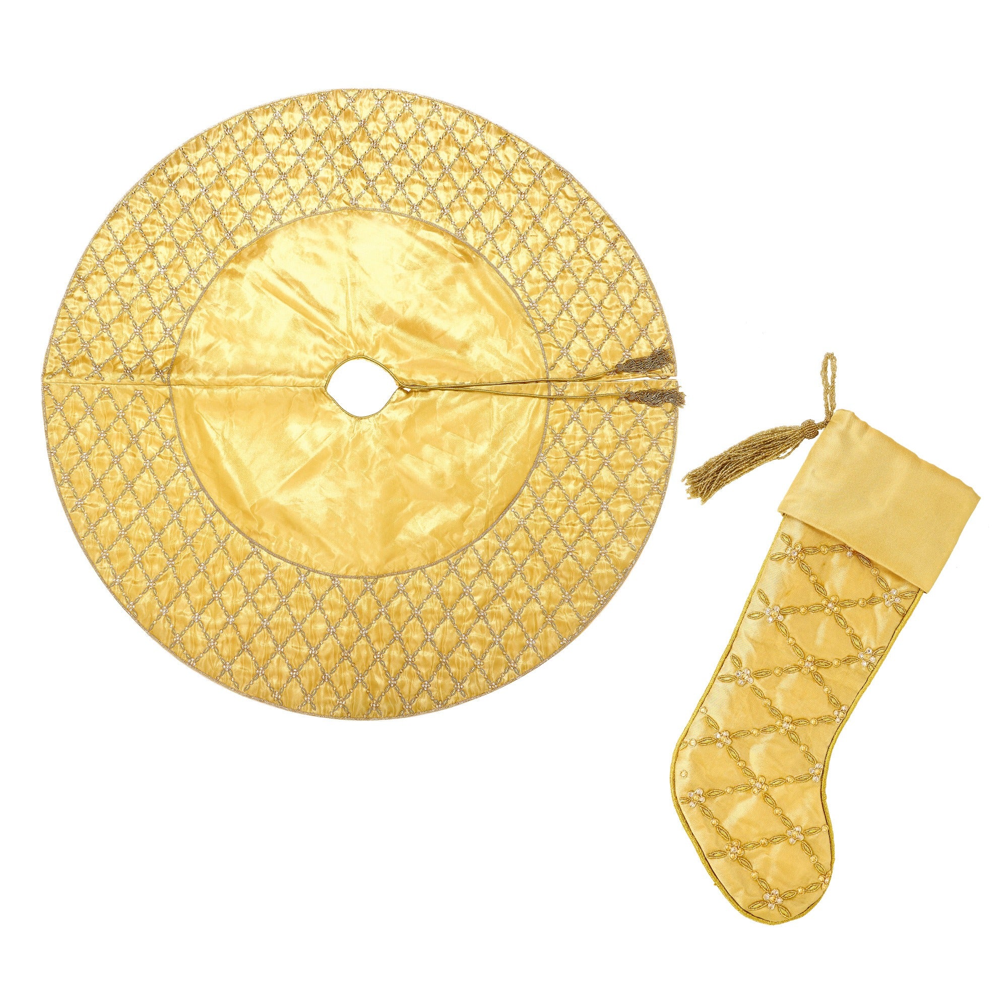 Criss Cross Pearl Leaf Gold Christmas Tree Skirt & Matching Christmas stocking set.