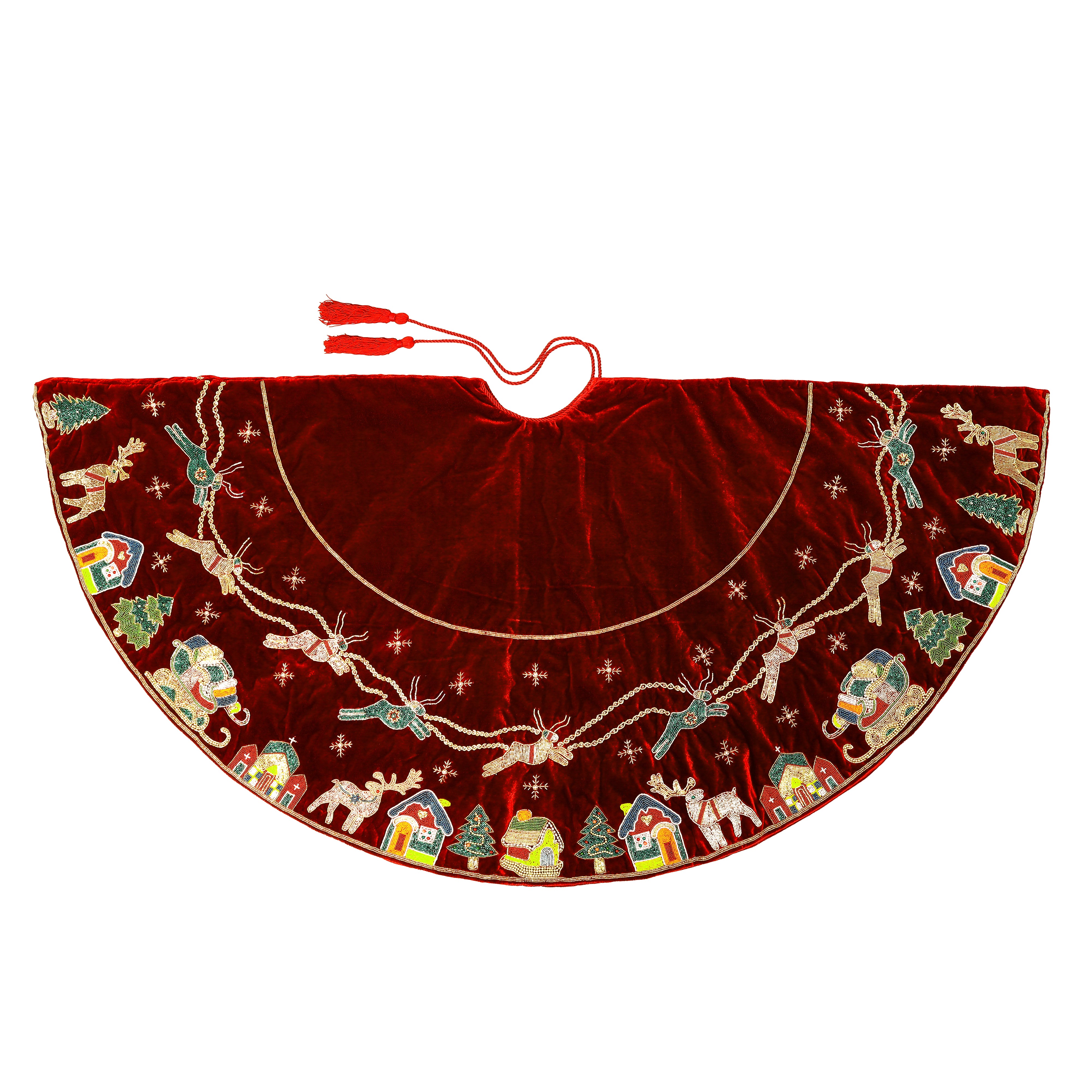 Reindeer Over the City Red Velvet Christmas Tree Skirt