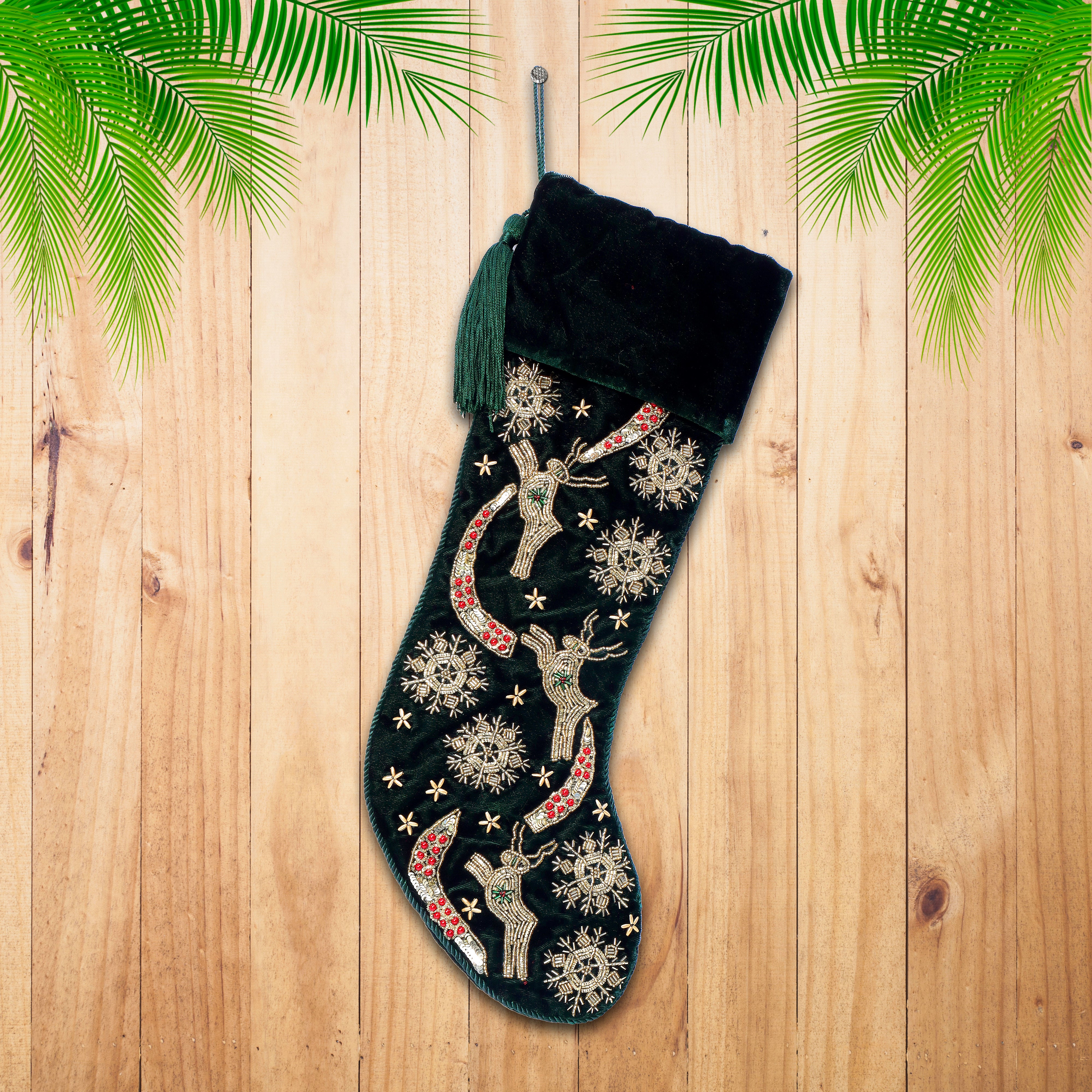 PERSONALISED REINDEER SNOWFLAKE GREEN VELVET CHRISTMAS STOCKING