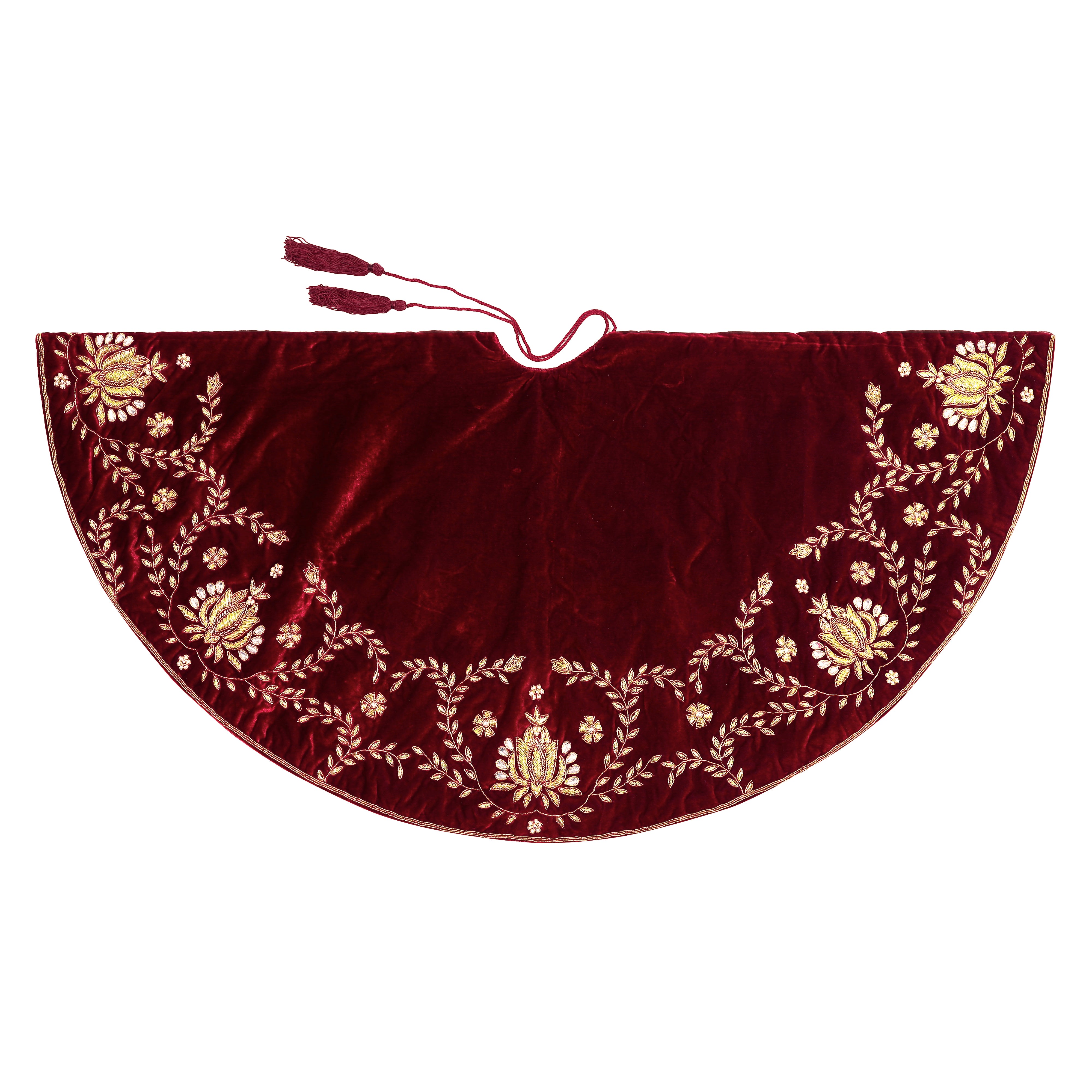 Beaded Lotus Red Velvet Christmas Tree Skirt