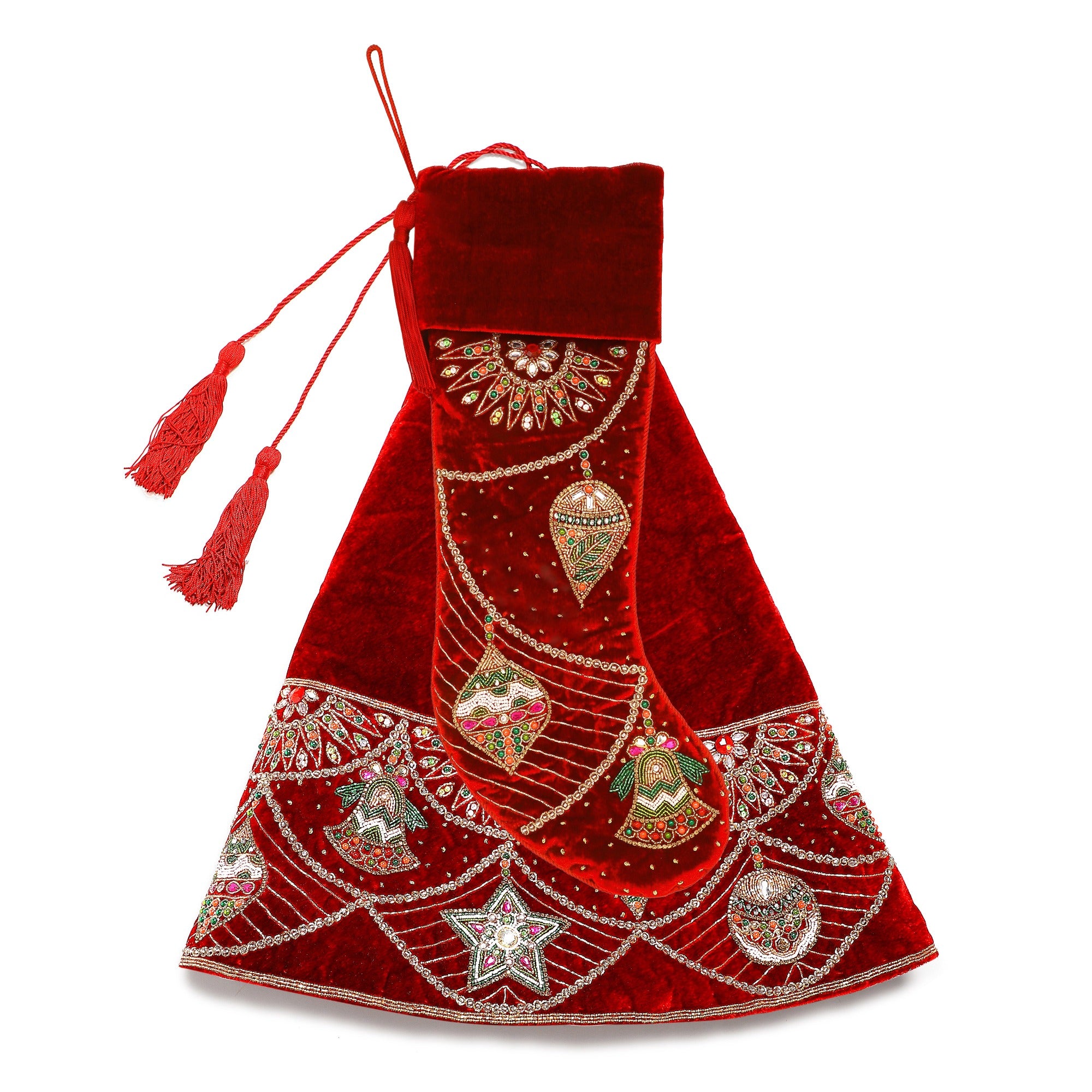 Ornament Charm Red Velvet Christmas Tree Skirt & Matching Christmas Stocking Set