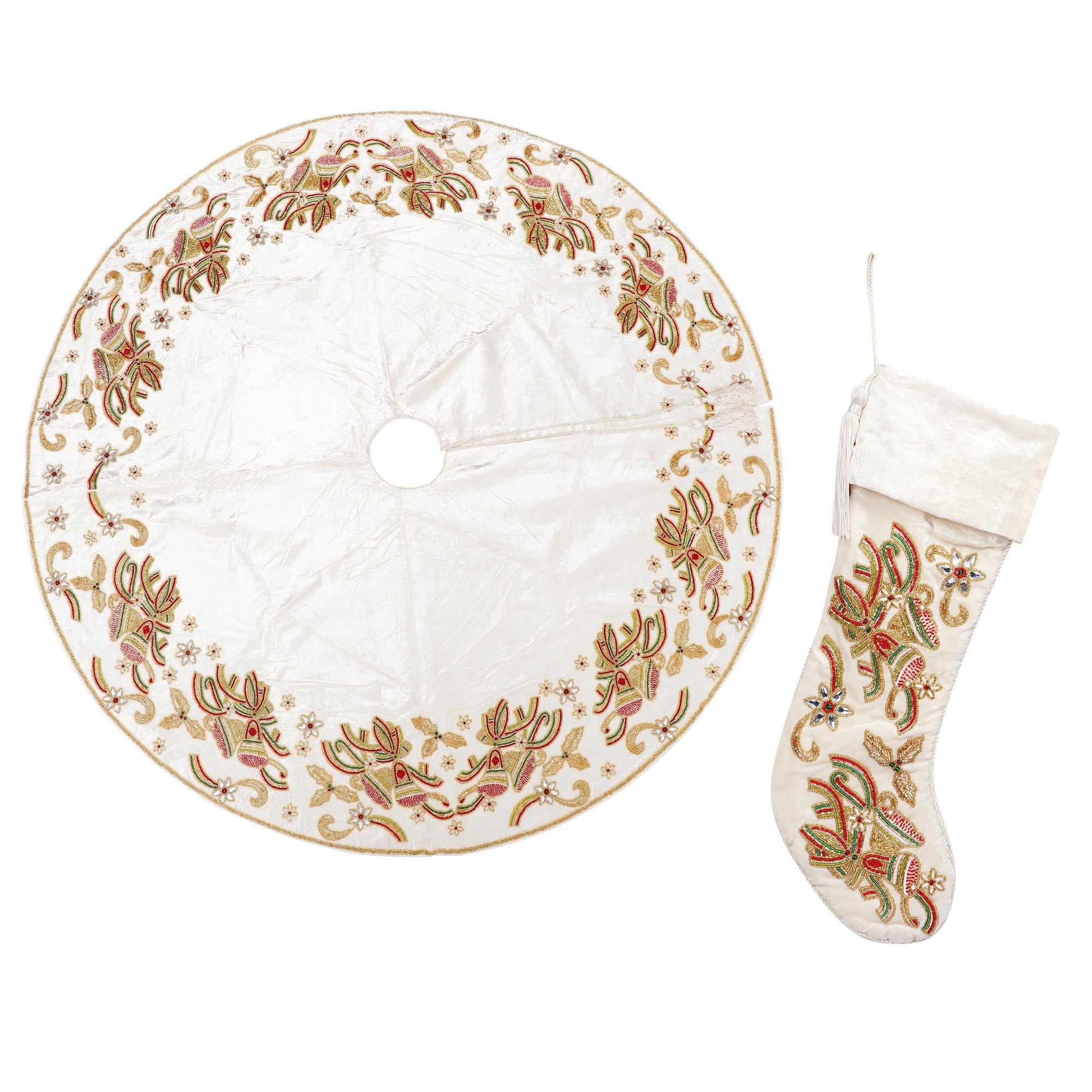 Christmas Bells Embroided White Velvet Christmas Tree Skirt & Matching Stocking Set