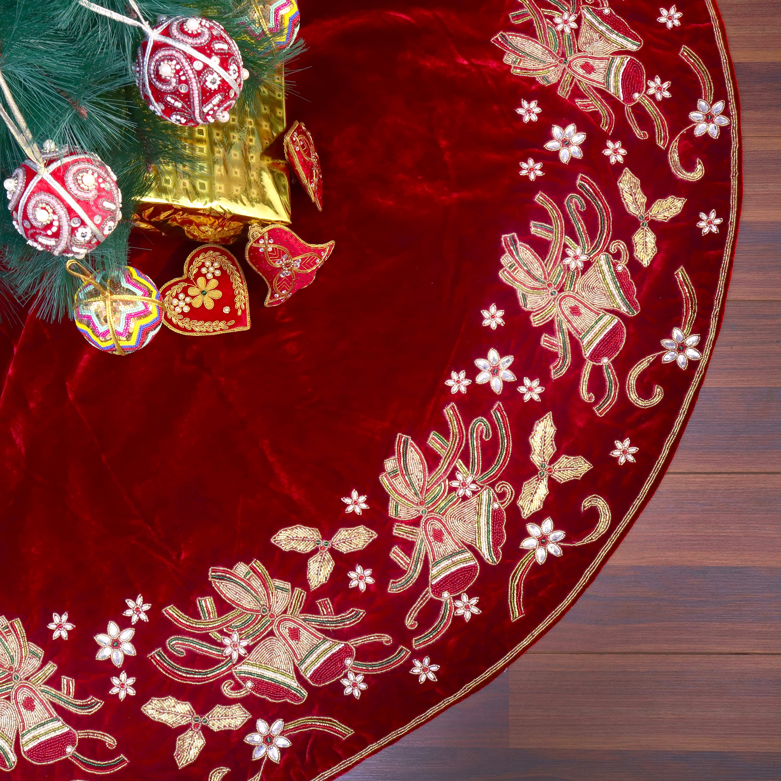 Christmas Bells Embroided Red Velvet Christmas Tree Skirt