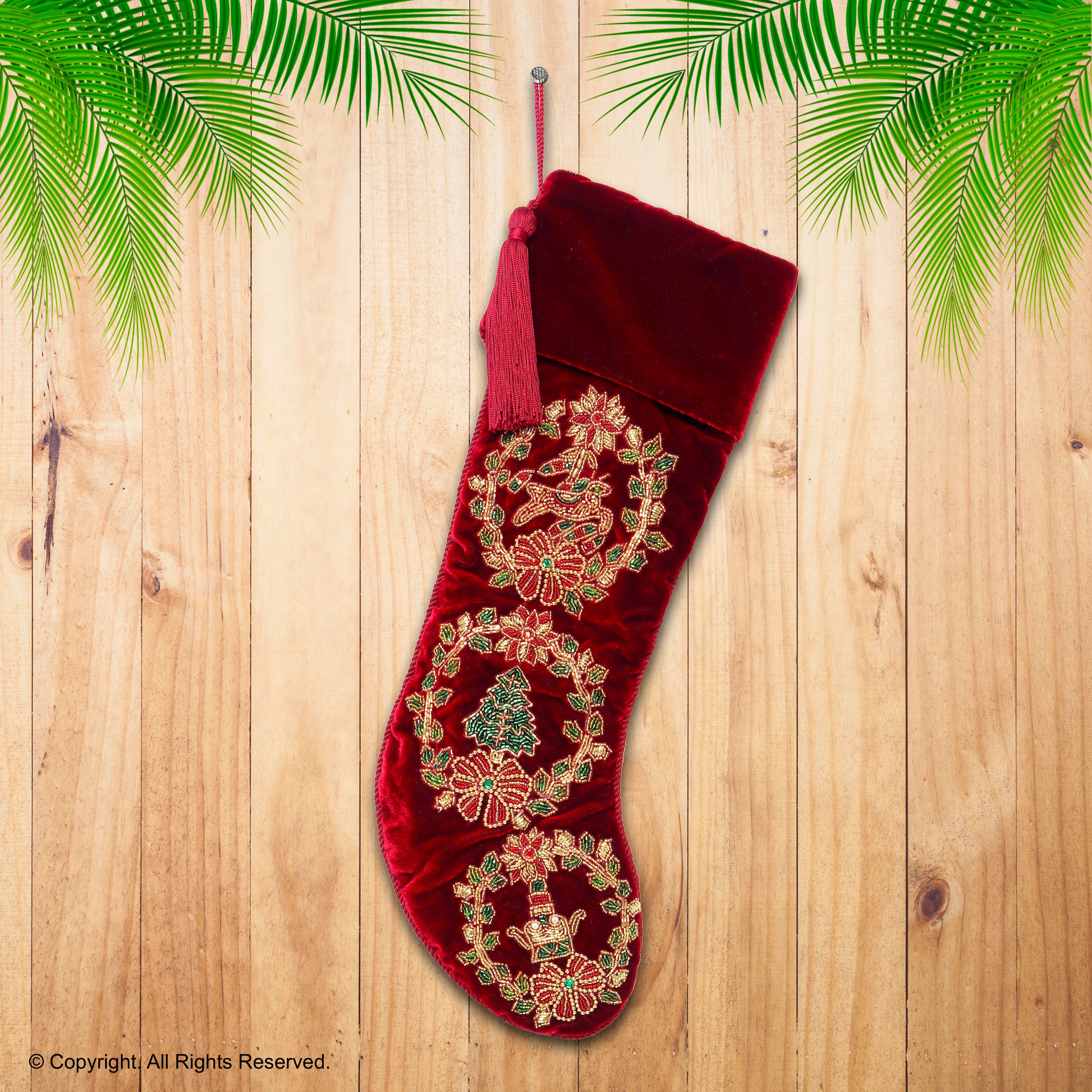 PERSONALISED WREATH RED VELVET CHRISTMAS STOCKING