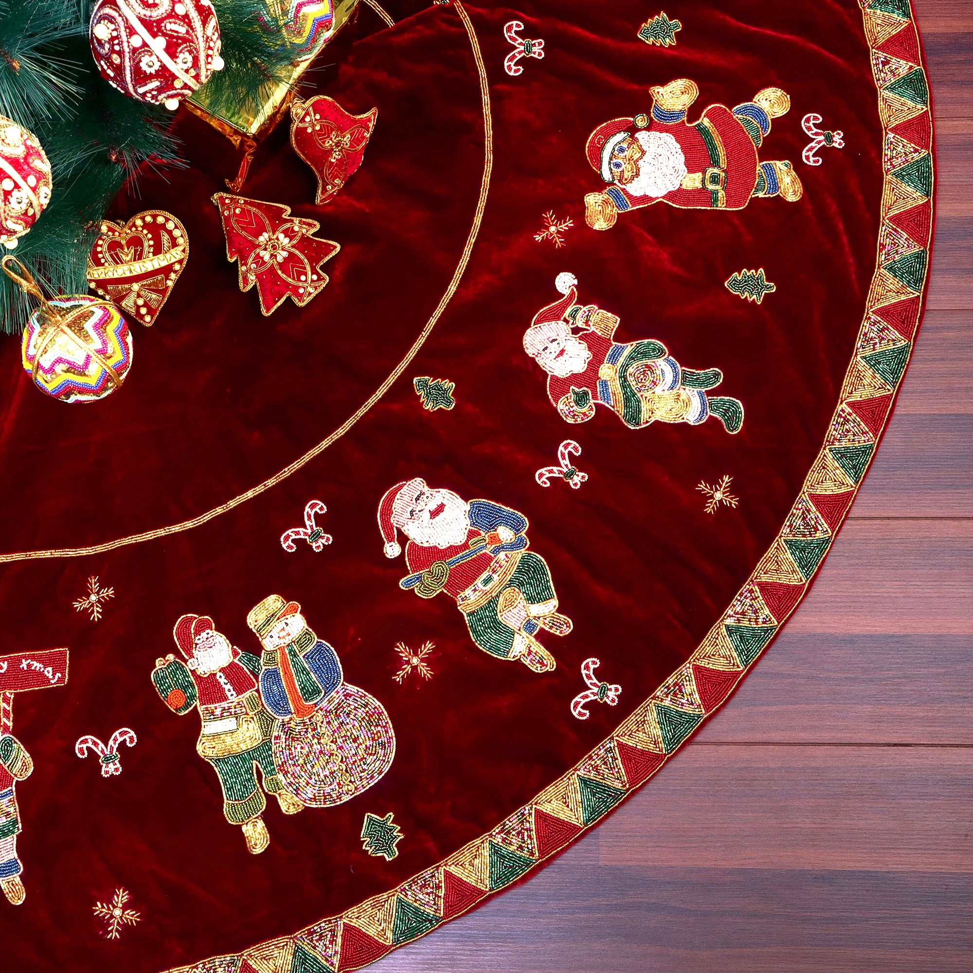 Santa's Dance party Red Velvet Christmas Tree Skirt
