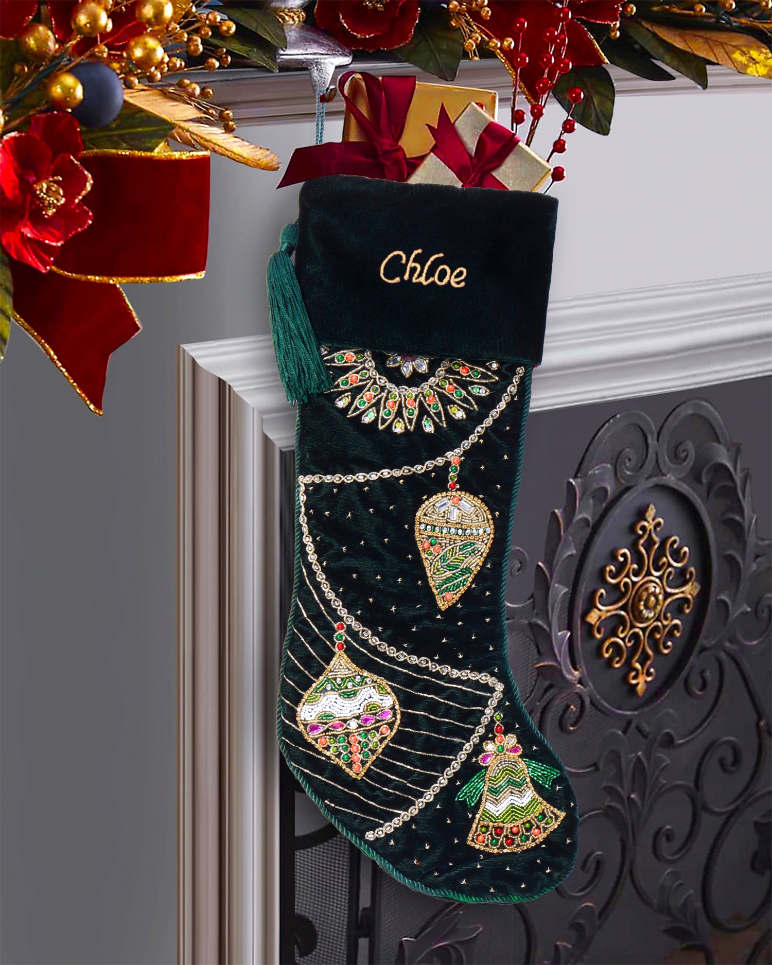 PERSONALISED ORNAMENT CHARM GREEN VELVET CHRISTMAS STOCKING