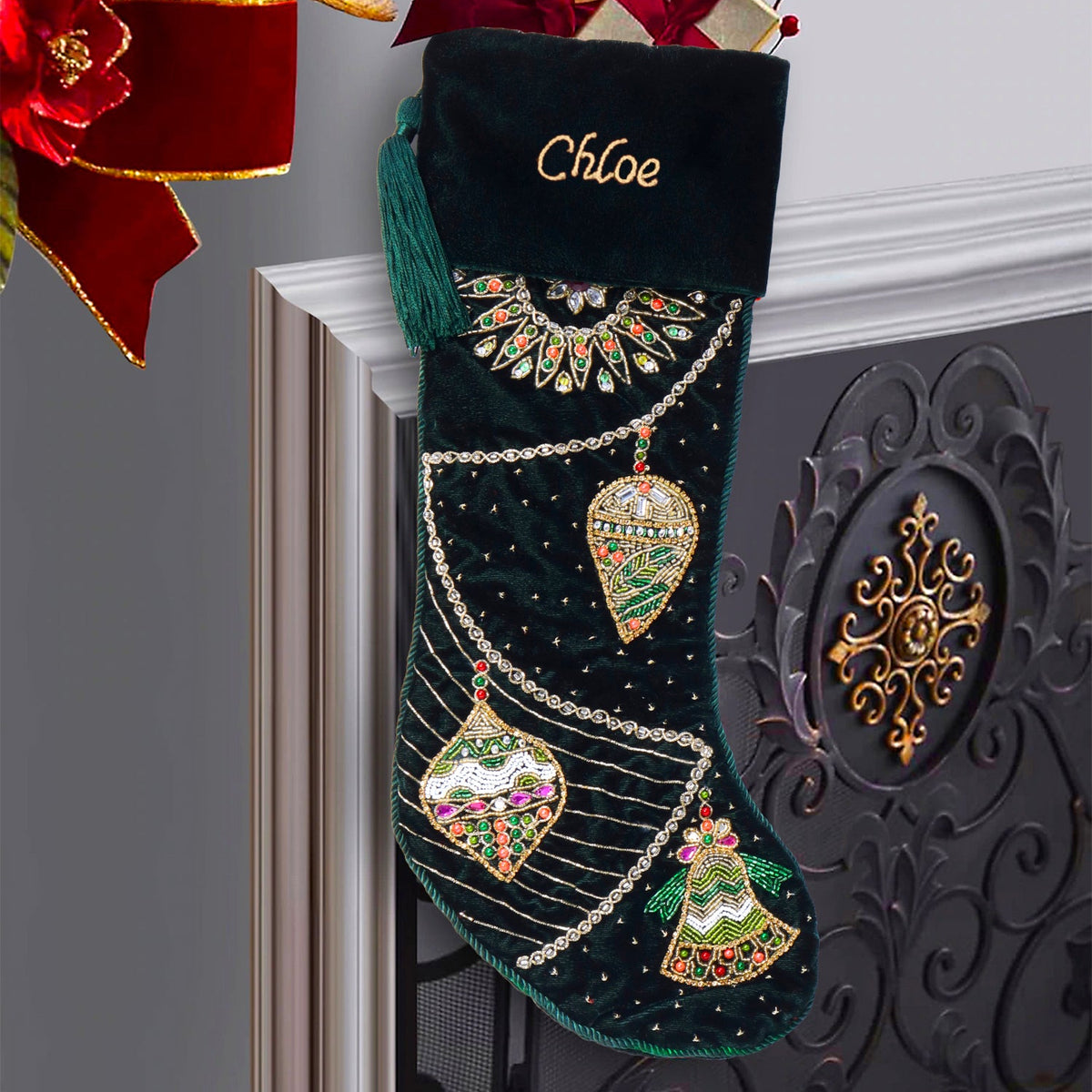PERSONALISED ORNAMENT CHARM GREEN VELVET CHRISTMAS STOCKING