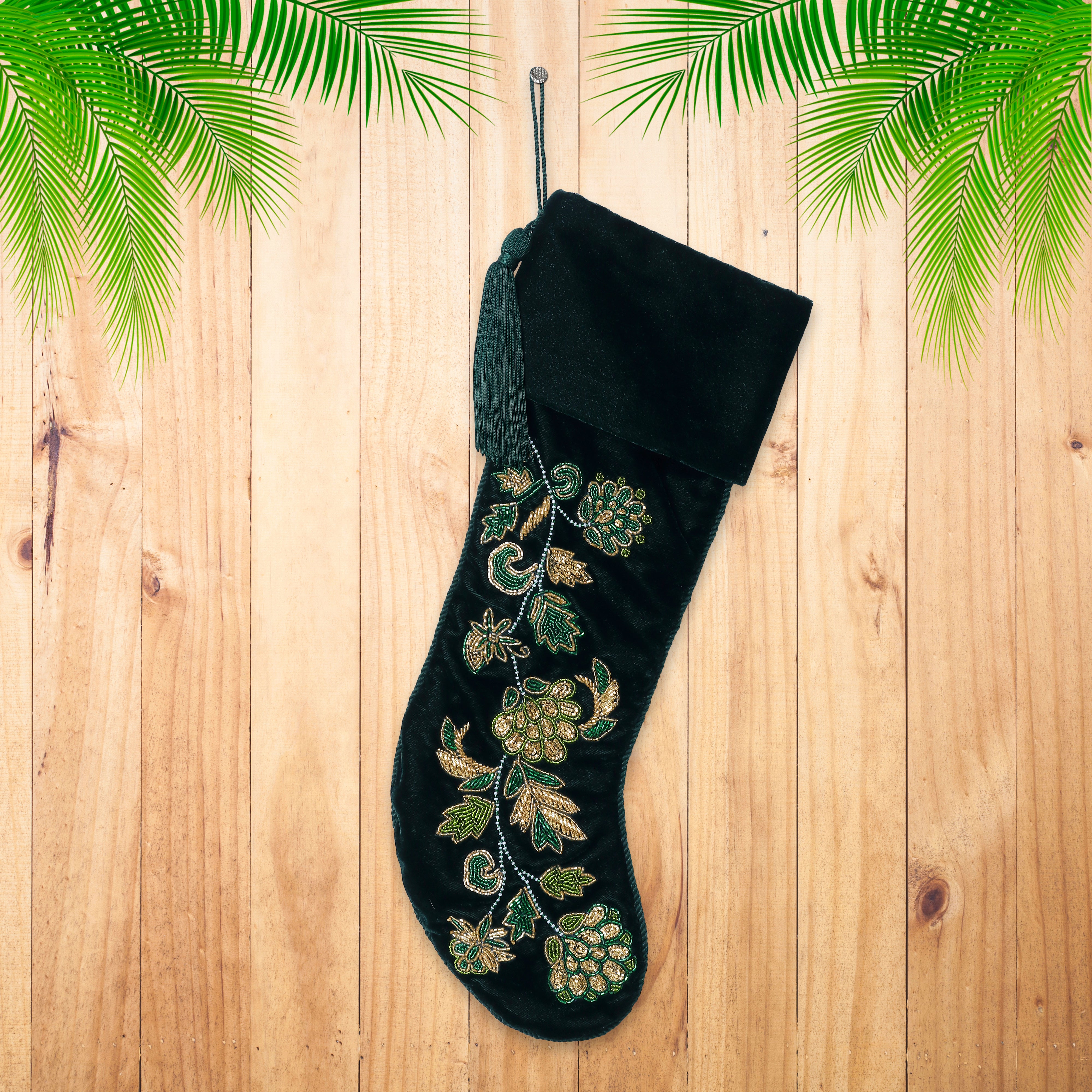 PERSONALISED GREEN FLORAL VELVET CHRISTMAS STOCKING