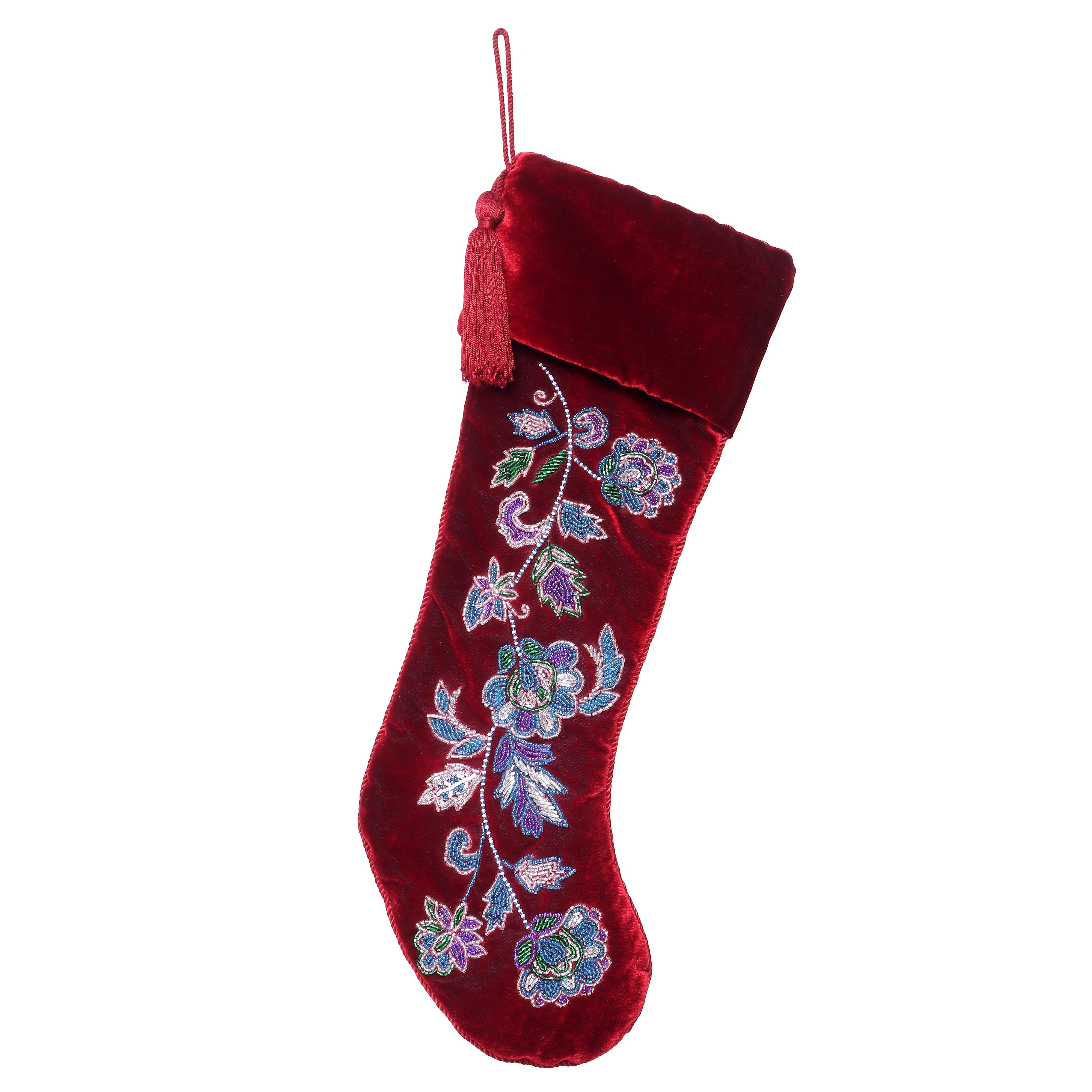 PERSONALISED RED FLORAL VELVET CHRISTMAS STOCKING