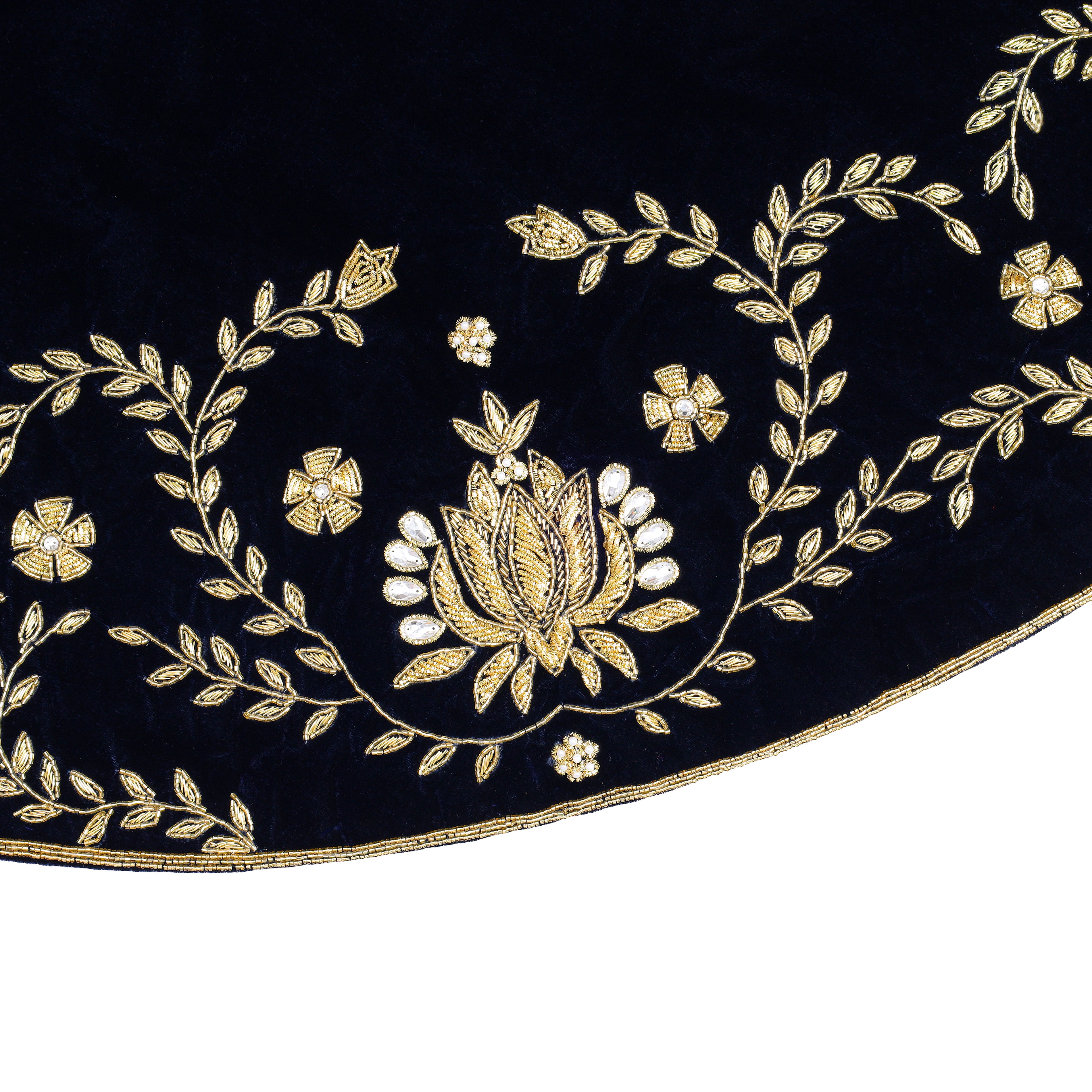 Beaded Lotus Navy Blue Velvet Christmas Tree Skirt